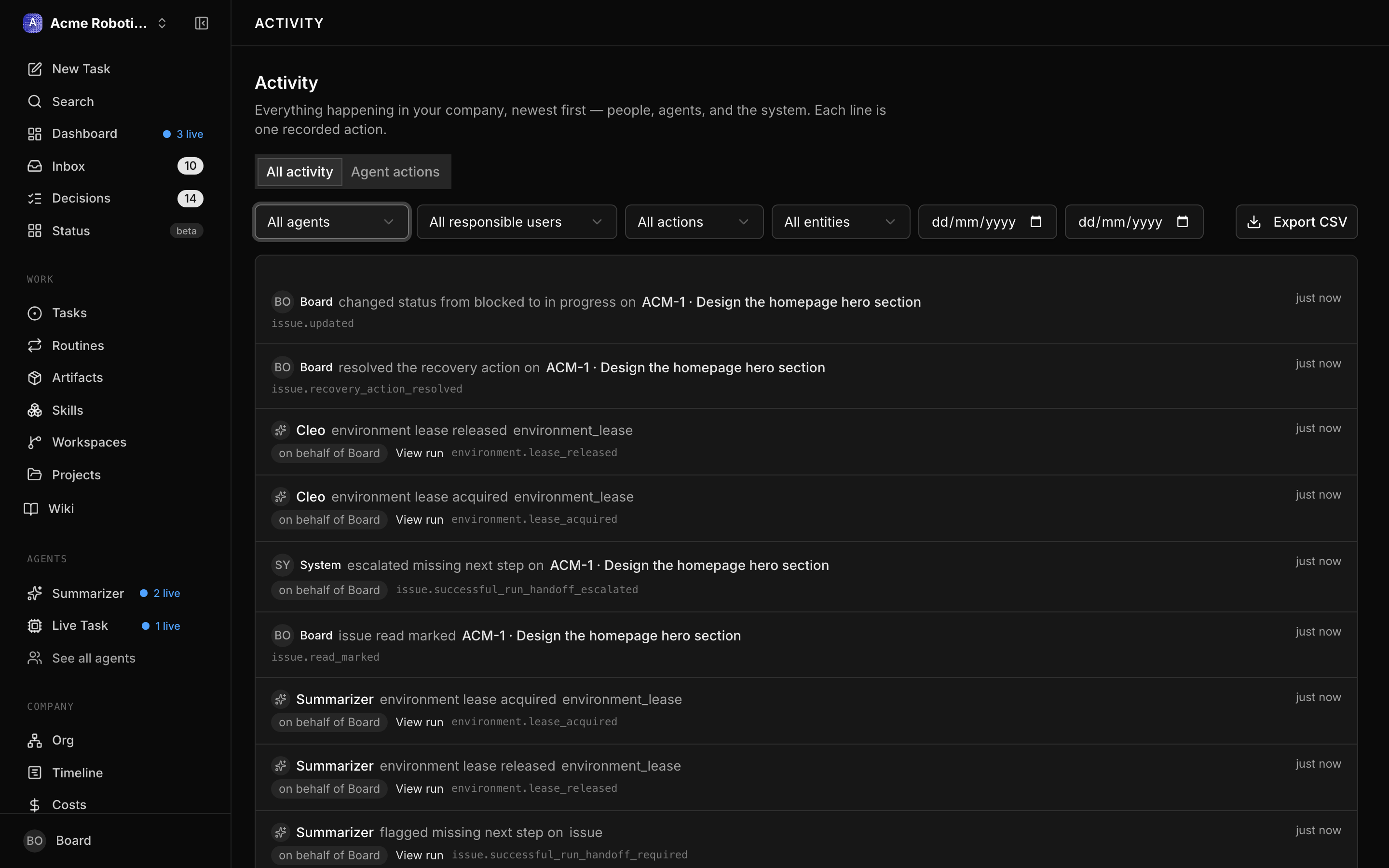 Activity Log filtered to show one category of events