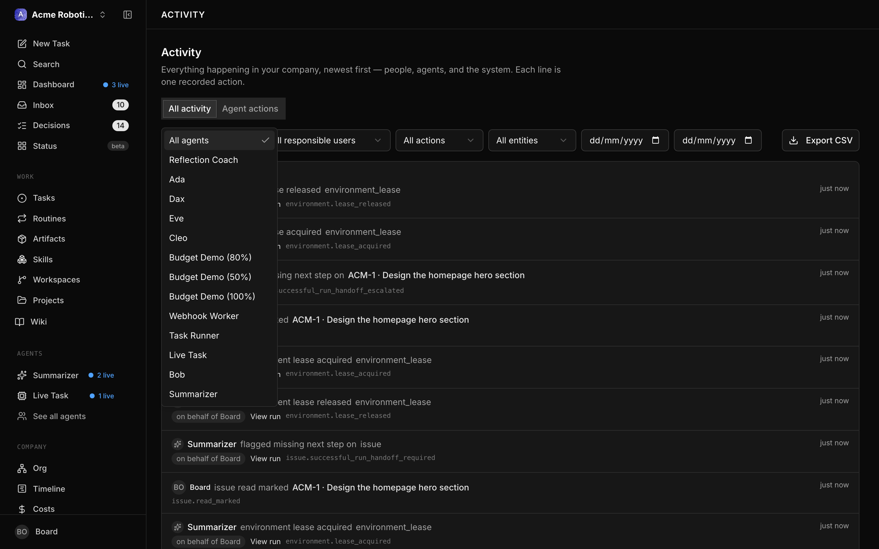 Activity Log with the filter bar open, showing the scope toggle plus agent, responsible user, action, entity, and date range filters