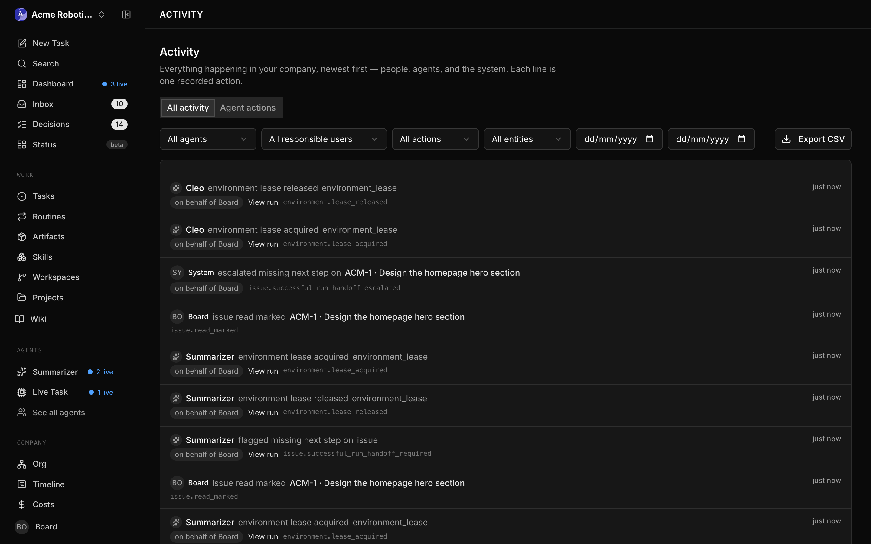 Activity Log page showing a full chronological feed of events with actor names, action descriptions, and timestamps