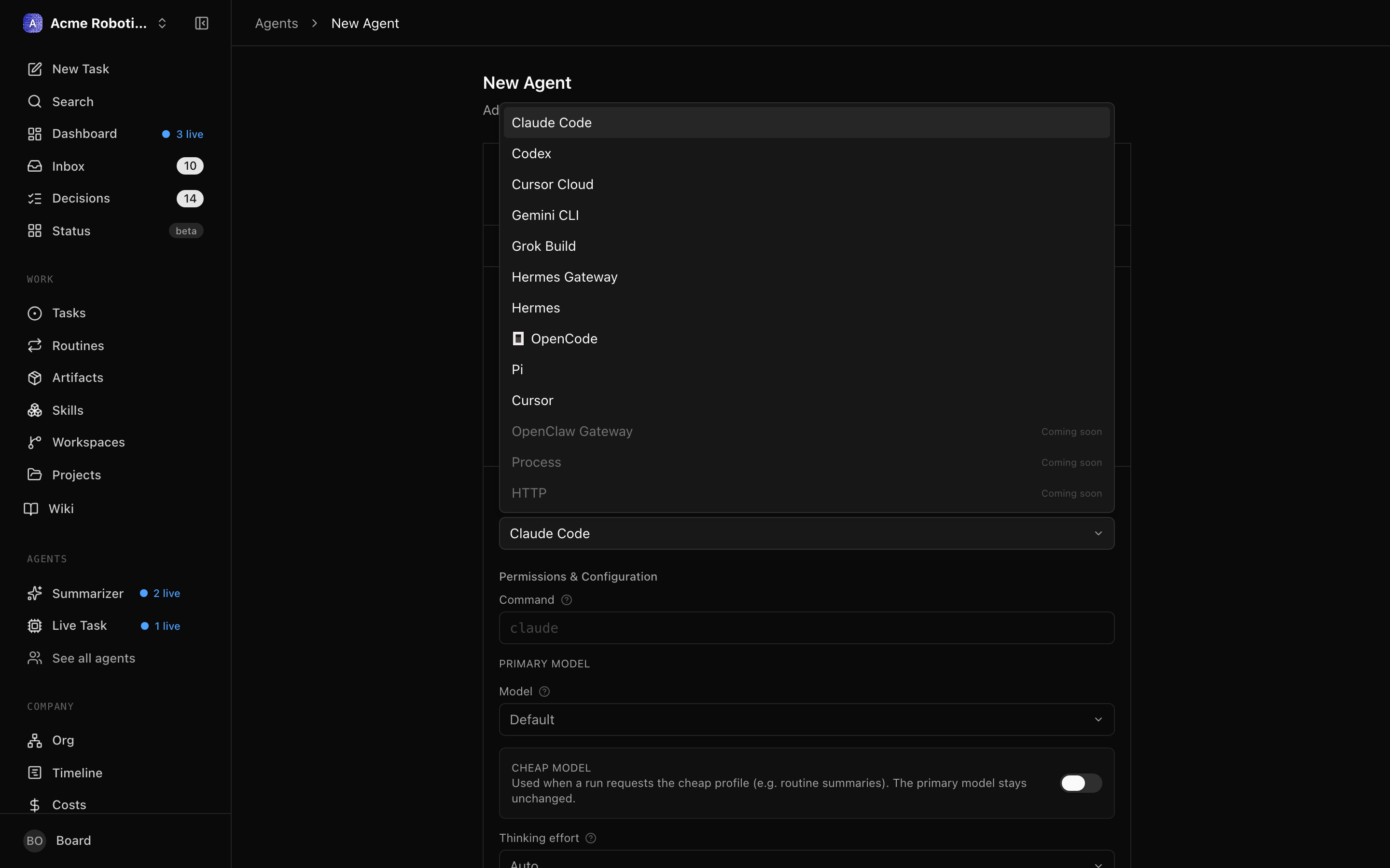 The adapter type dropdown showing available adapter options