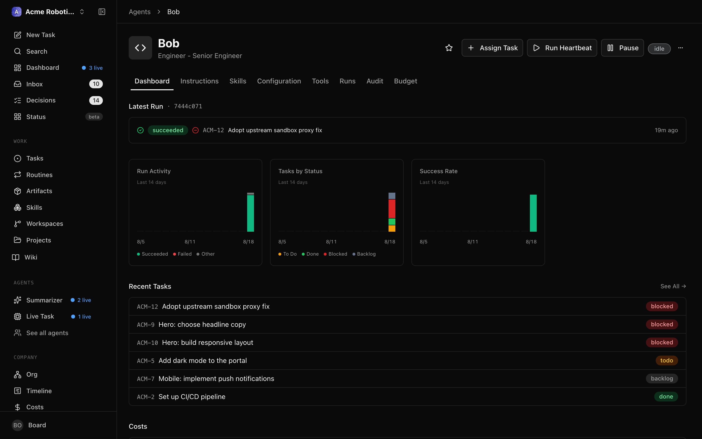 The agent detail page showing the CEO agent in idle status