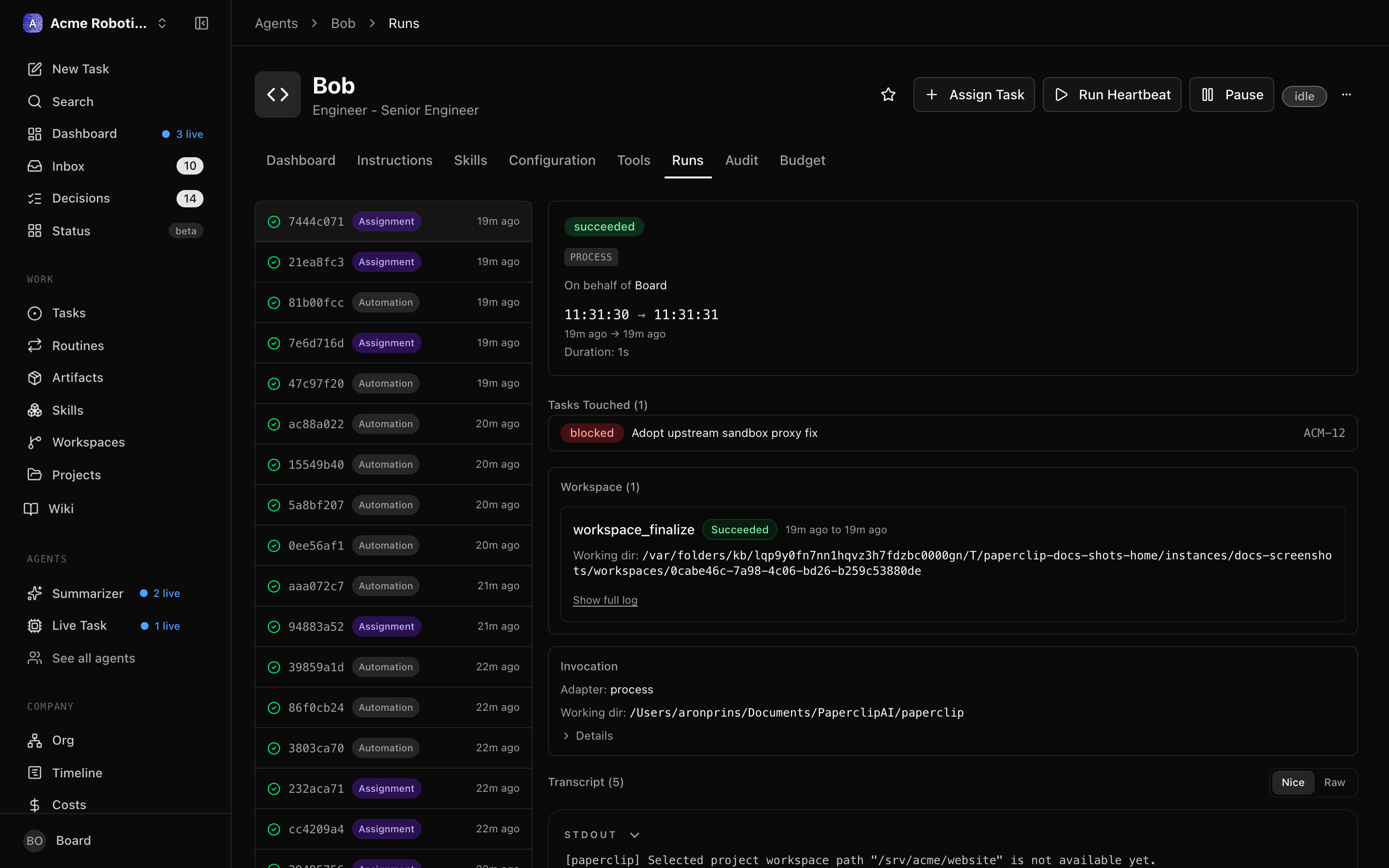 The agent detail page showing run history with heartbeat transcripts
