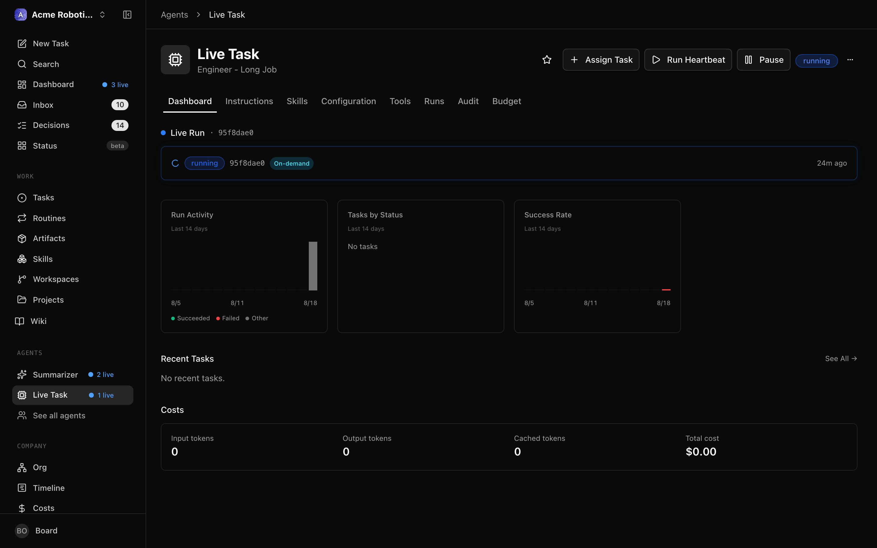 The agent detail page showing the CEO in "running" status with a live progress indicator