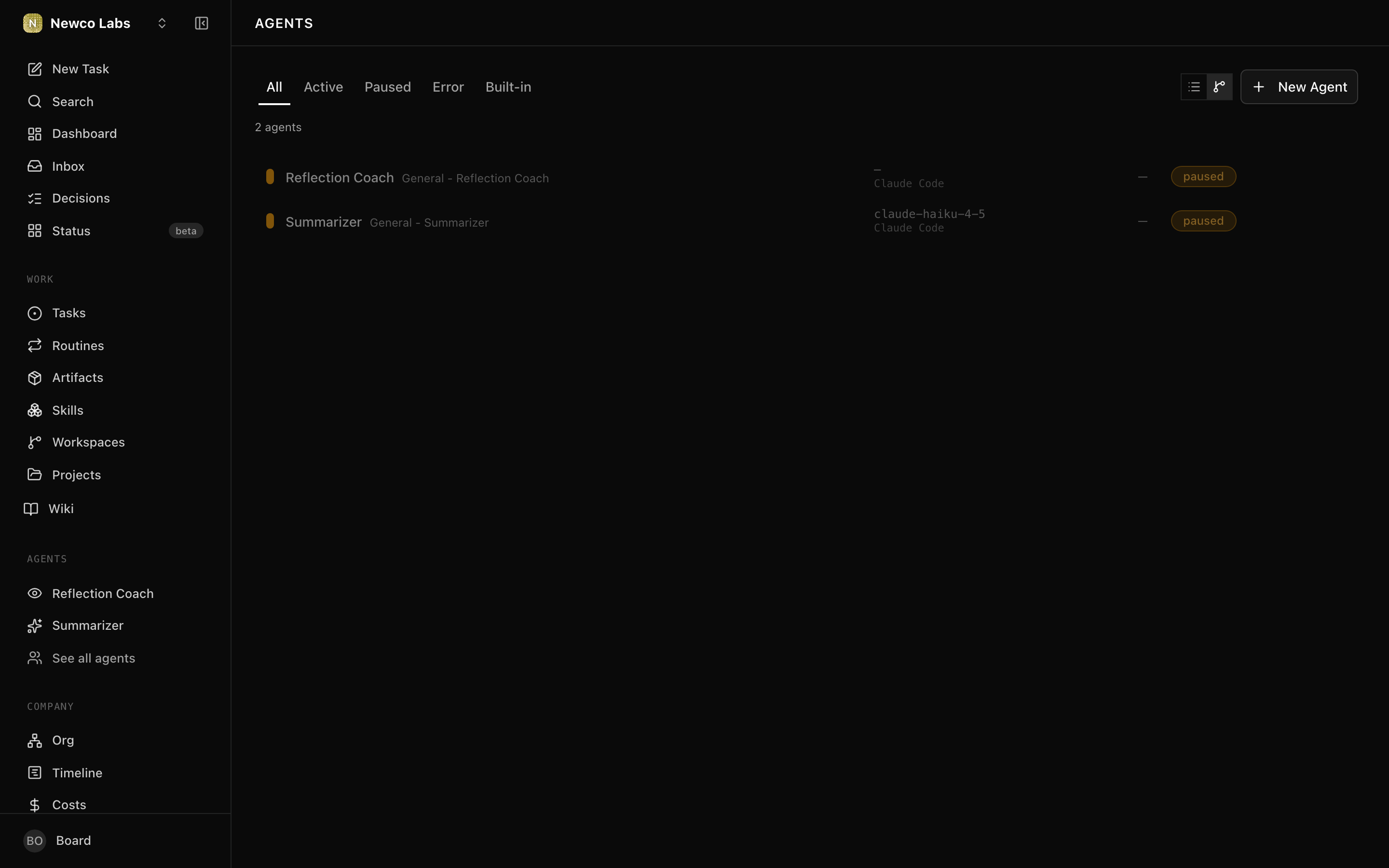The empty agents list with a New Agent button