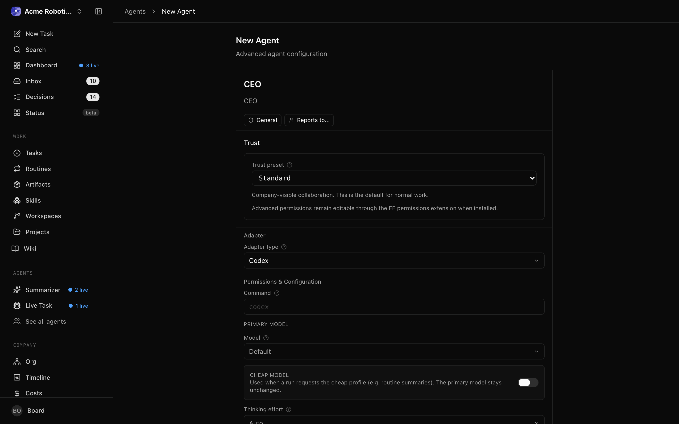 Codex local adapter configuration form