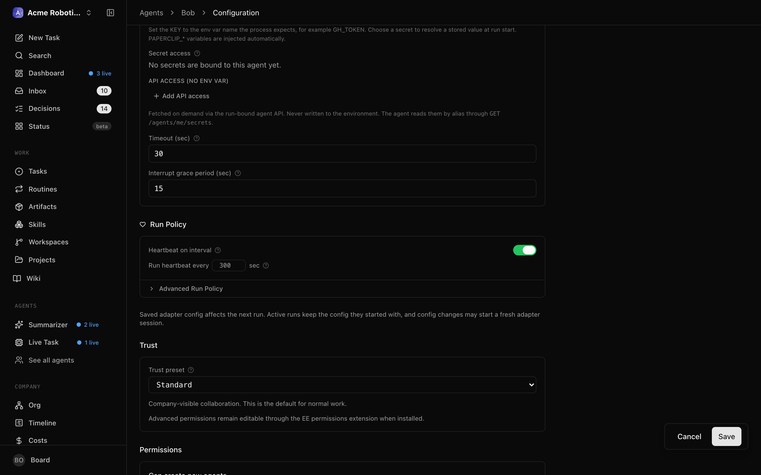 The agent detail page with the heartbeat toggle in its enabled state