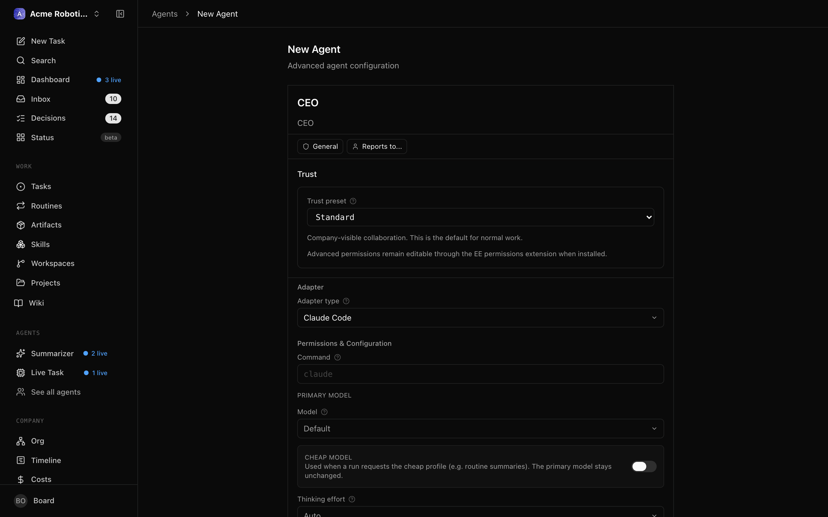 The new agent form showing the Name and Role fields filled in for a CEO agent