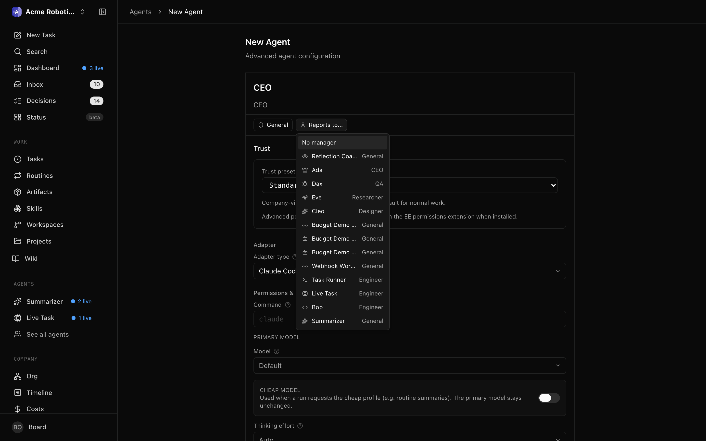 New agent form showing the Reports to dropdown with CEO selected