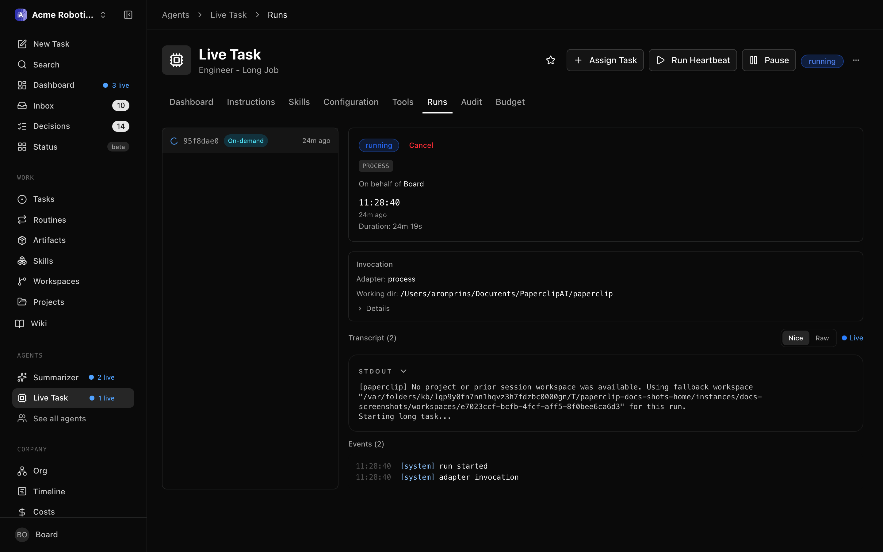 The run history section showing a heartbeat in progress