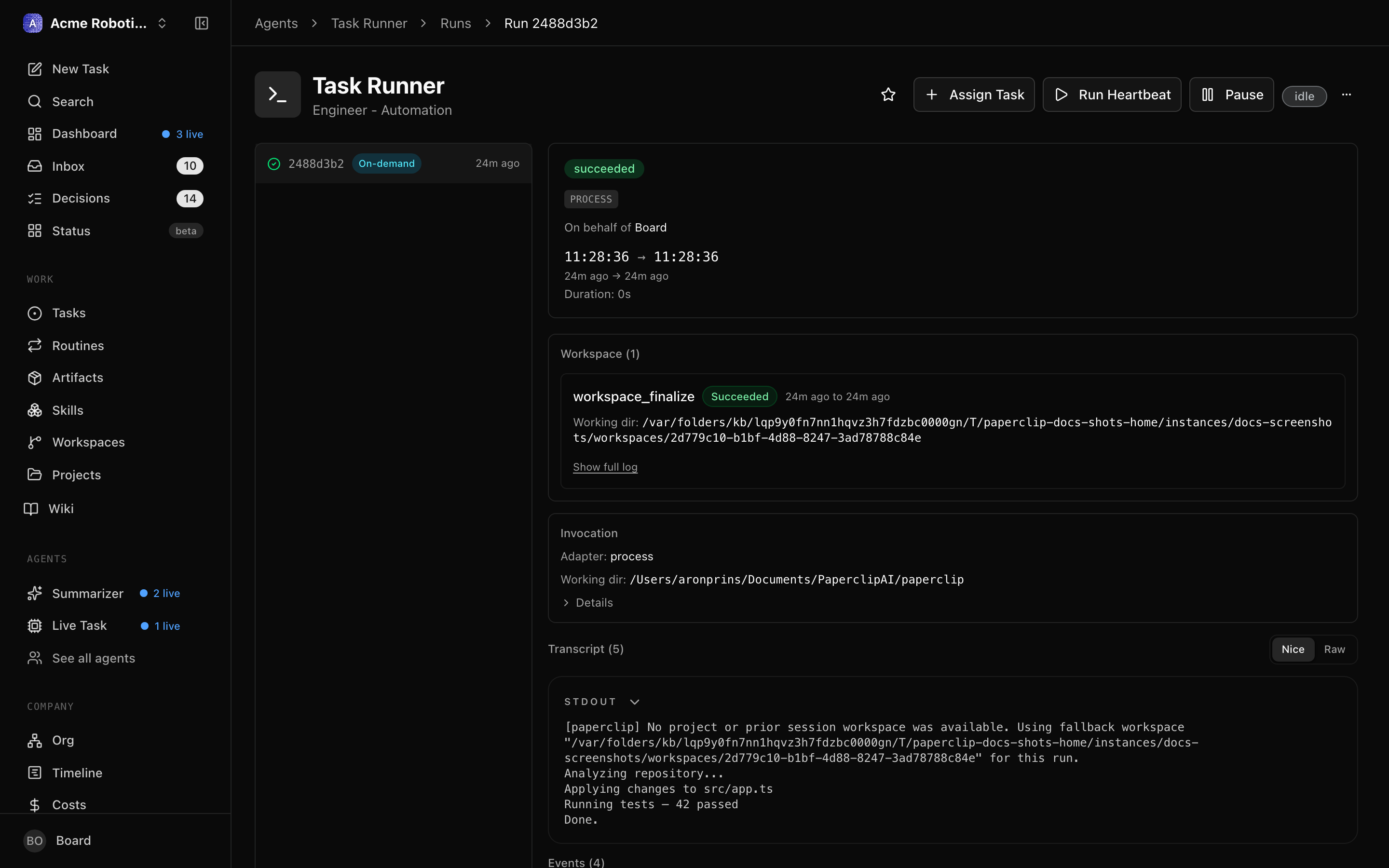 The run transcript view showing the full log of what the CEO did during a single heartbeat
