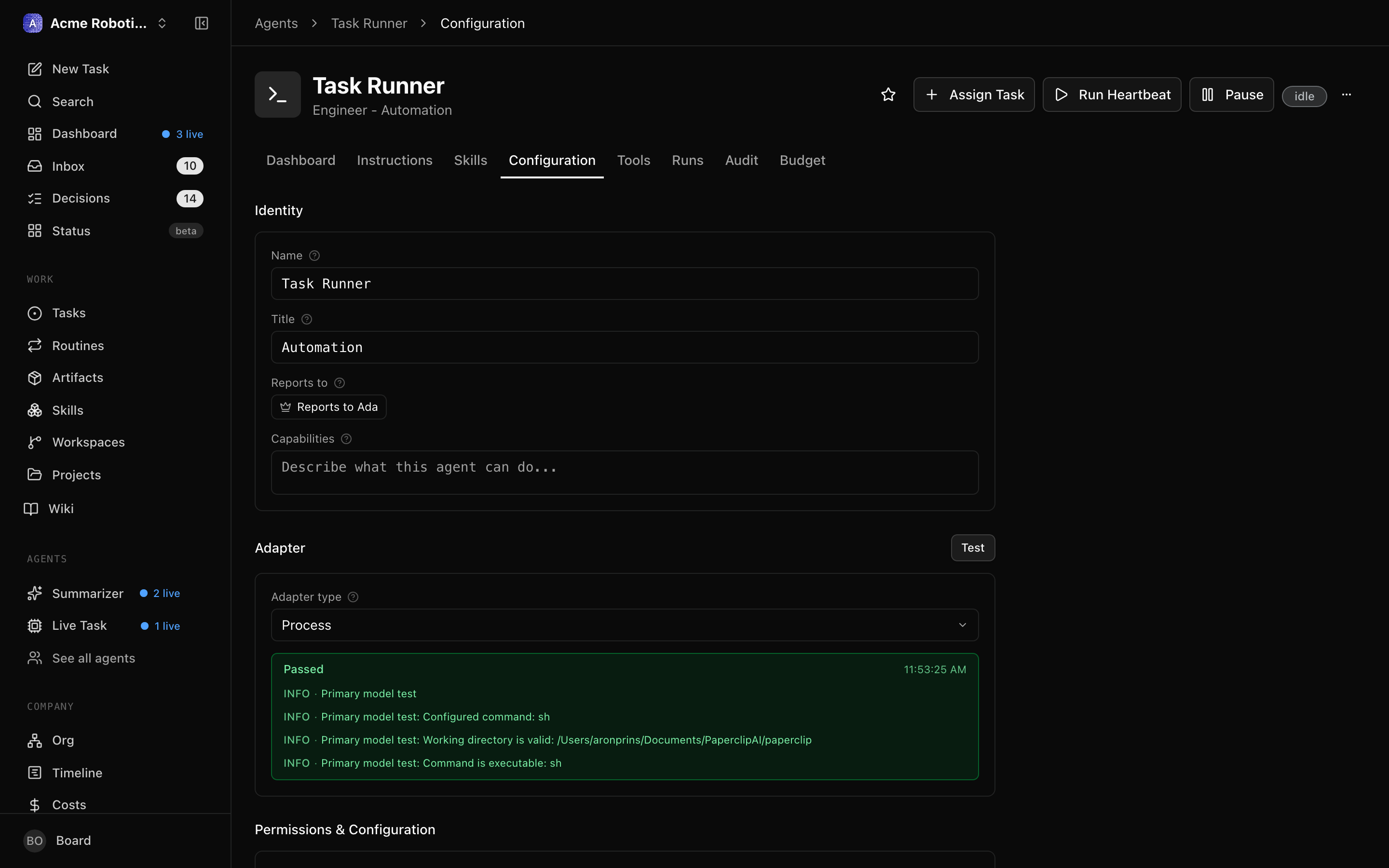 The test environment result showing a success state