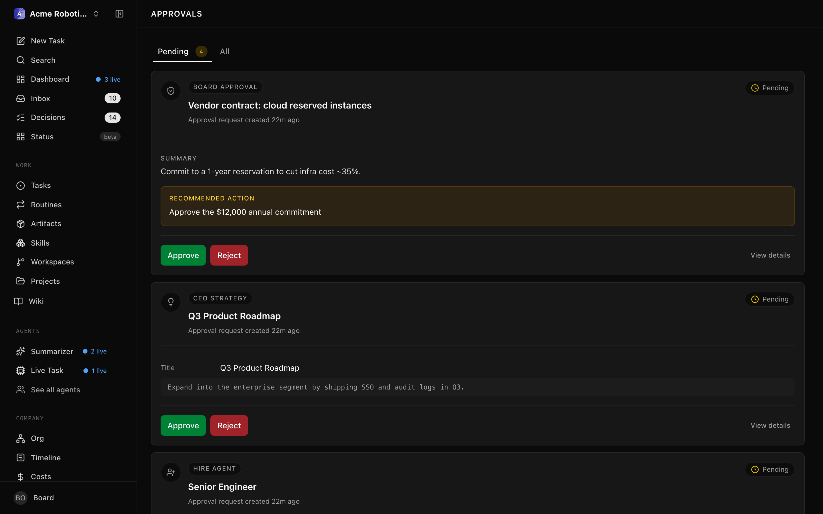 The approvals list showing pending strategy and hire_agent approvals