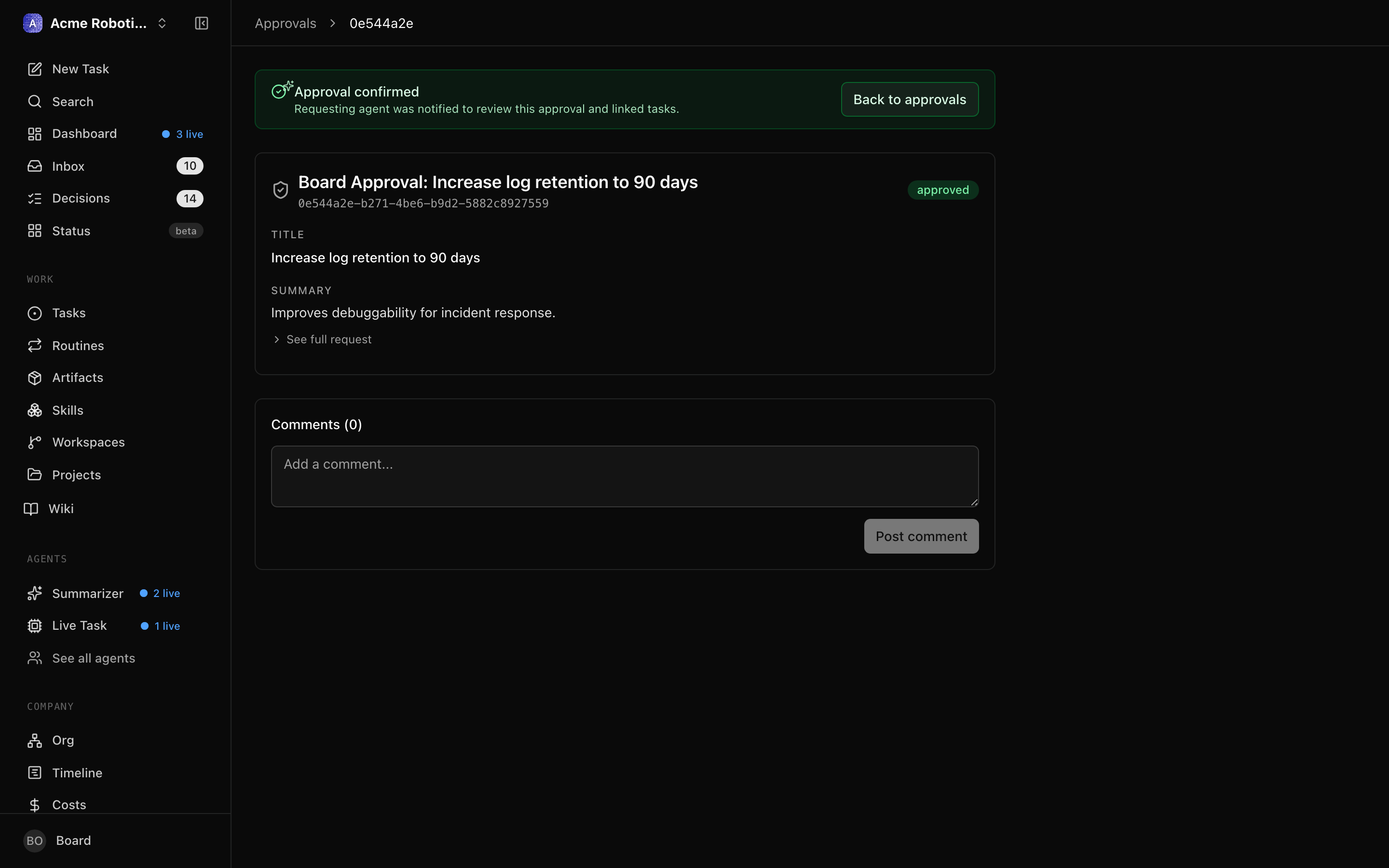 An approved approval showing the approved status badge and the timestamp of the decision