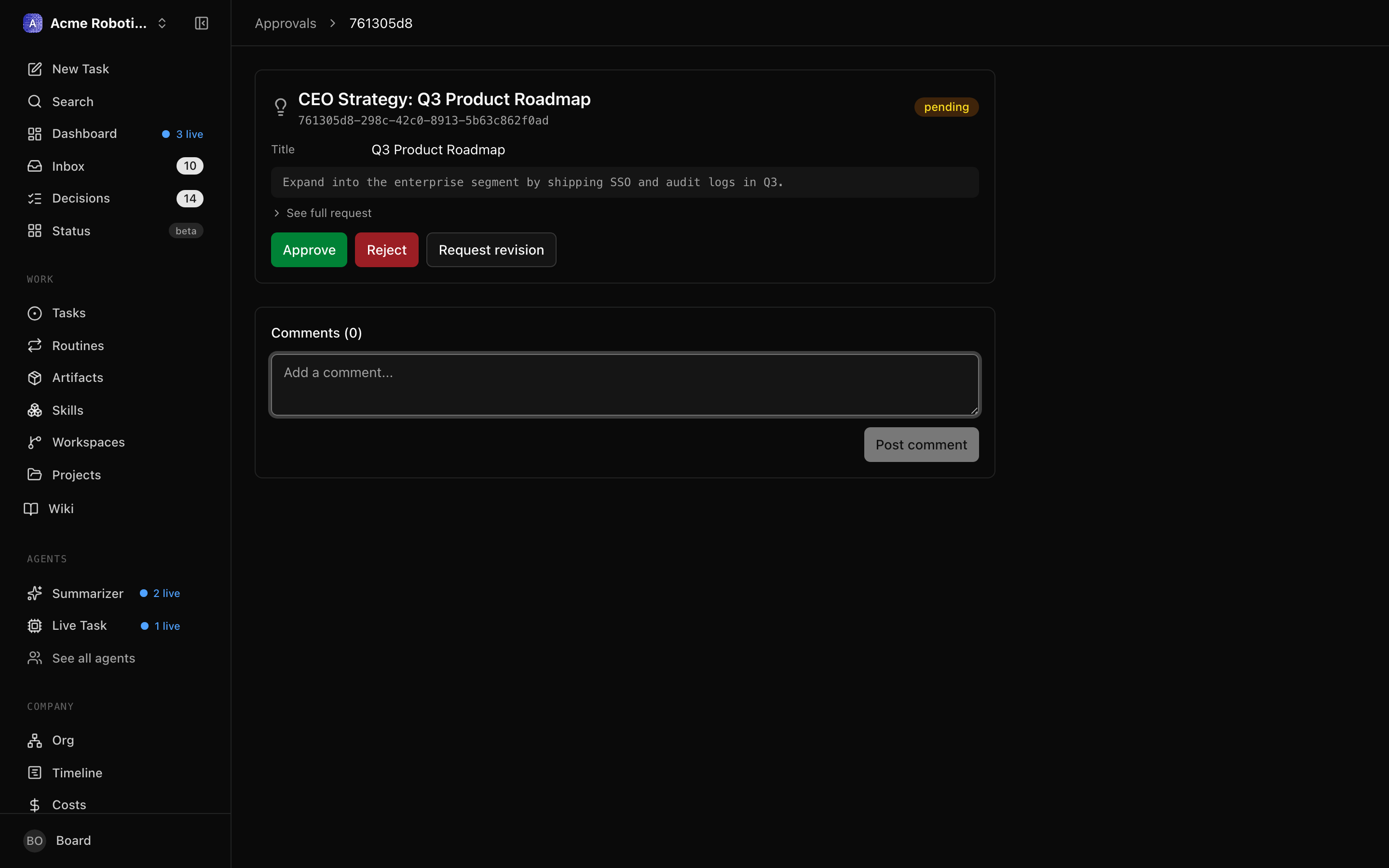 Revision request input box with a text field for explaining what changes are needed