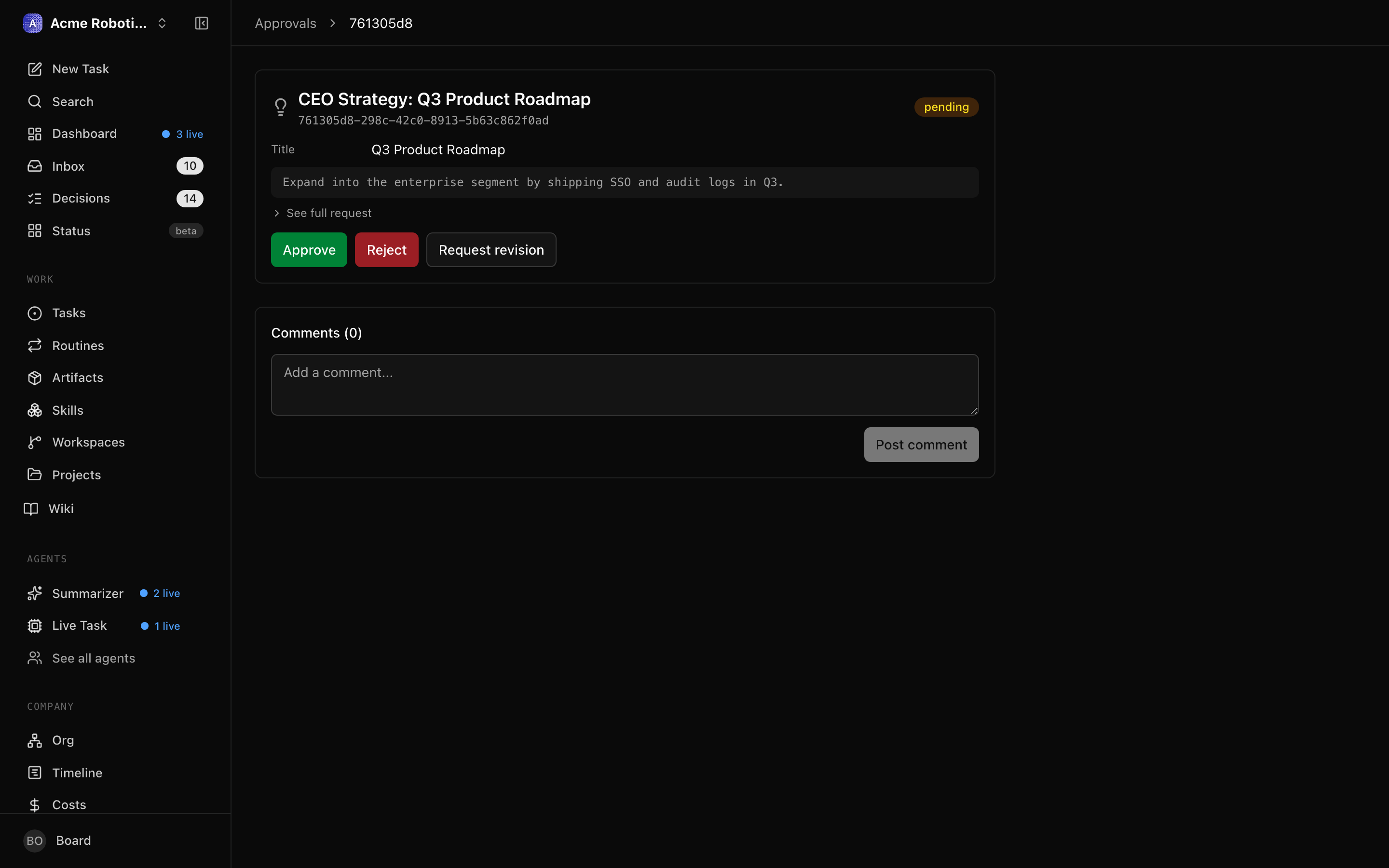 The strategy approval detail page showing the CEO's proposed plan