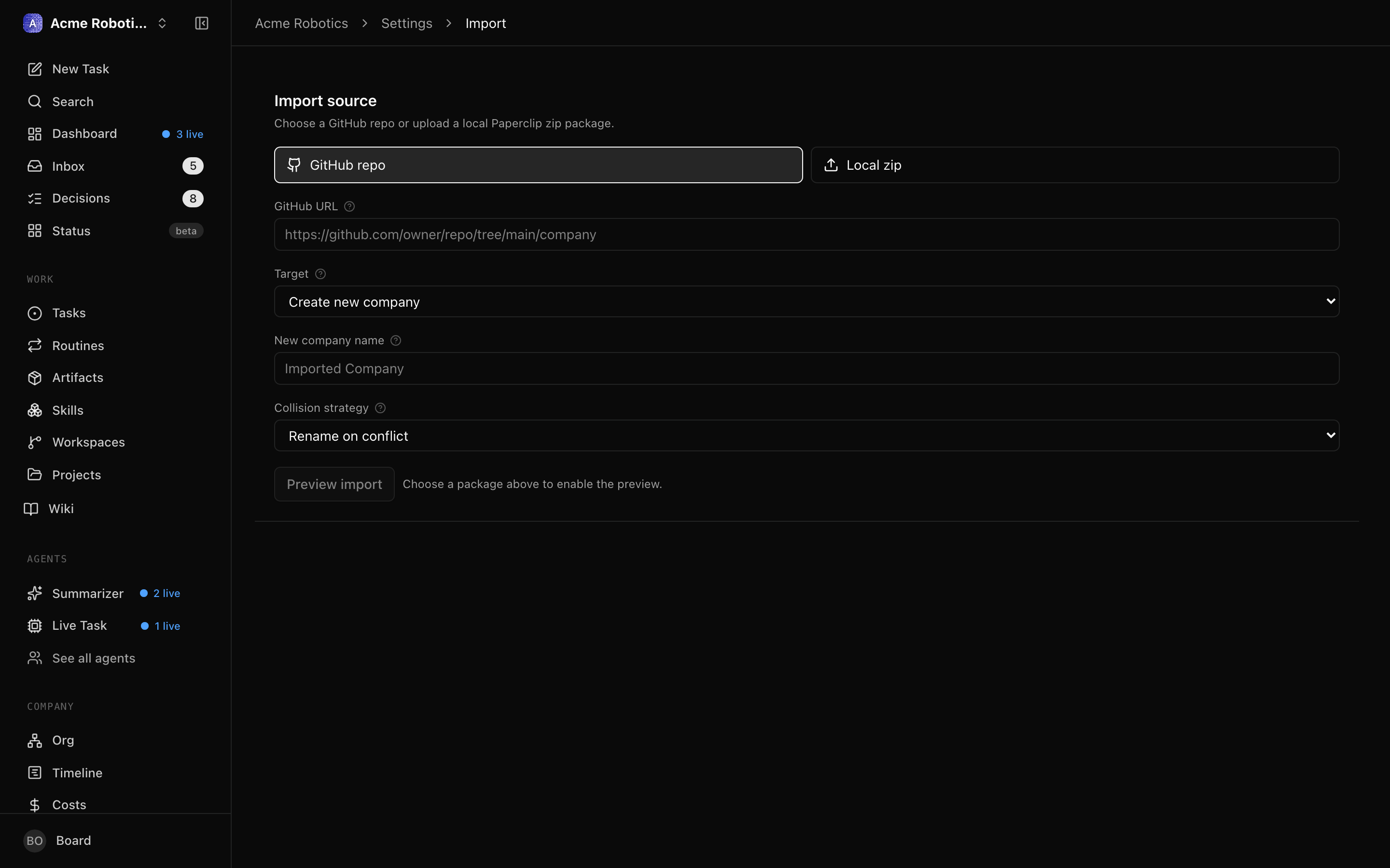 Import dialog