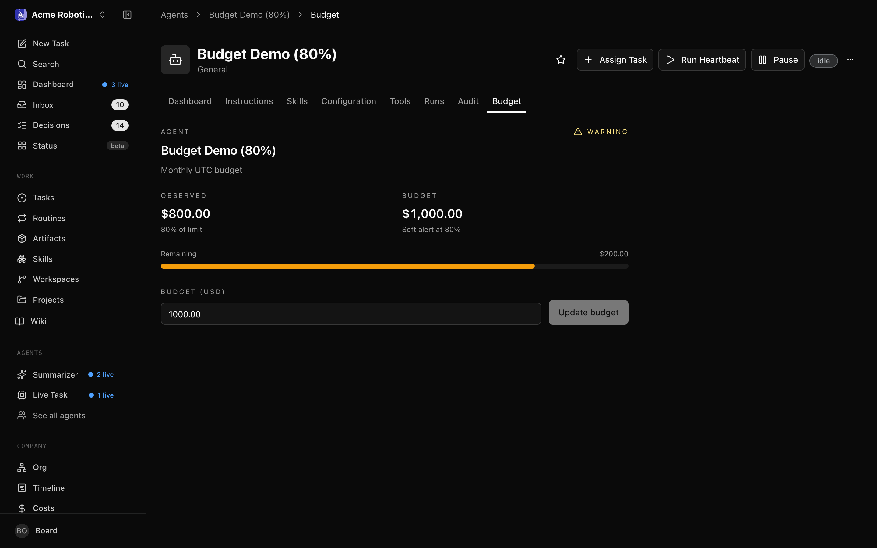 Agent budget bar at 80% — amber warning state