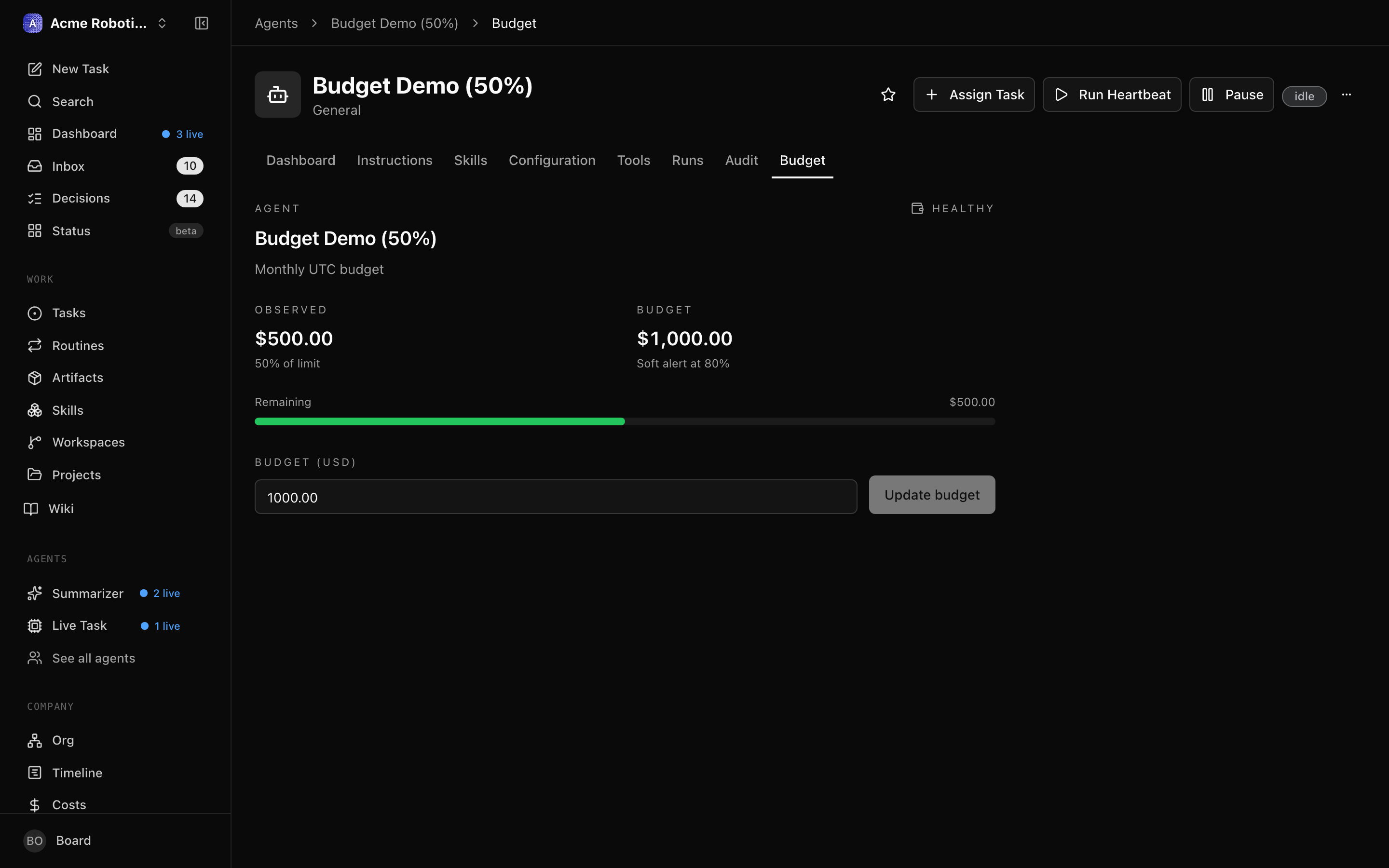 The cost summary panel showing per-agent budget bars with current spend