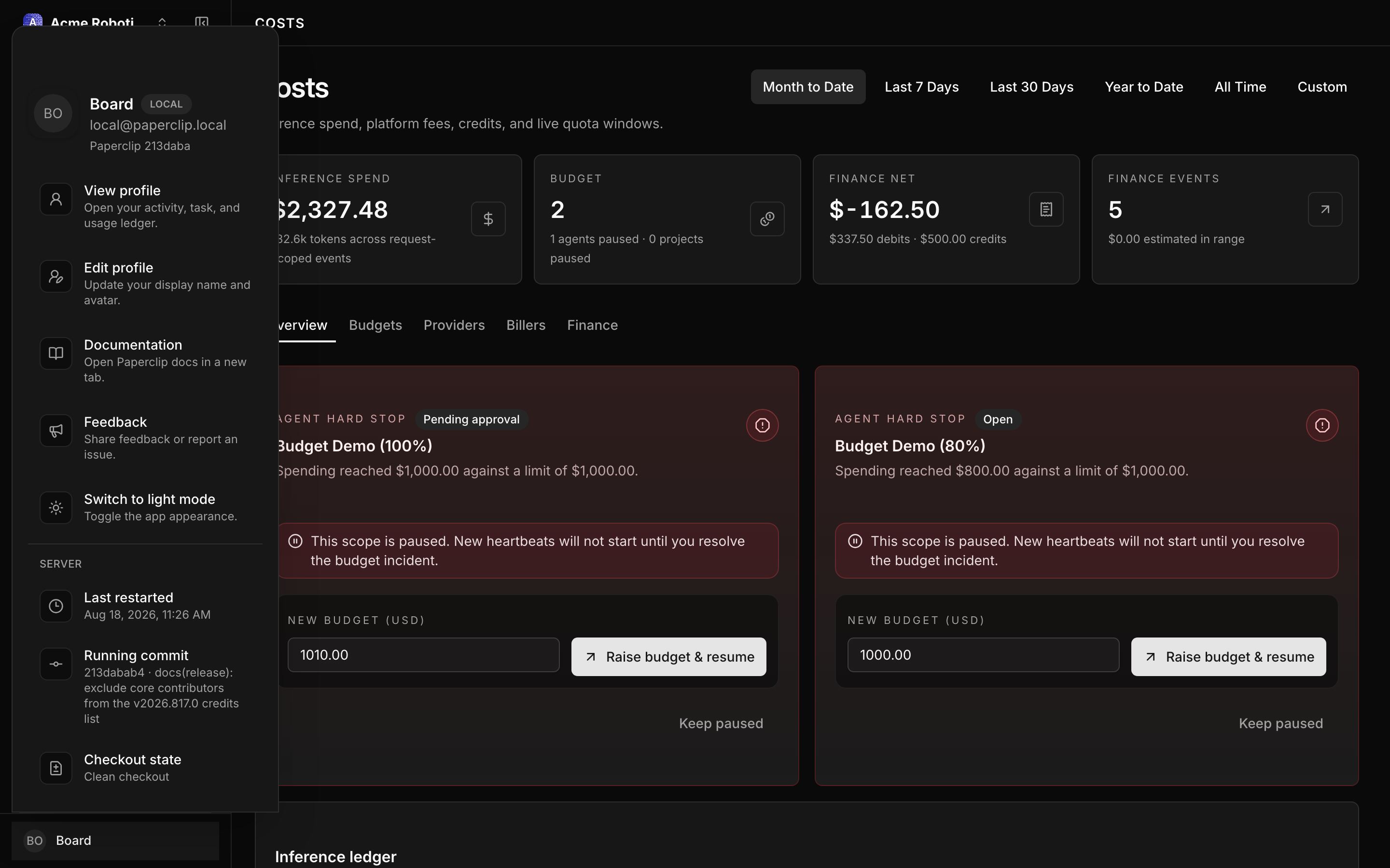 Per-run cost detail showing model, input tokens, output tokens, and dollar cost for each heartbeat