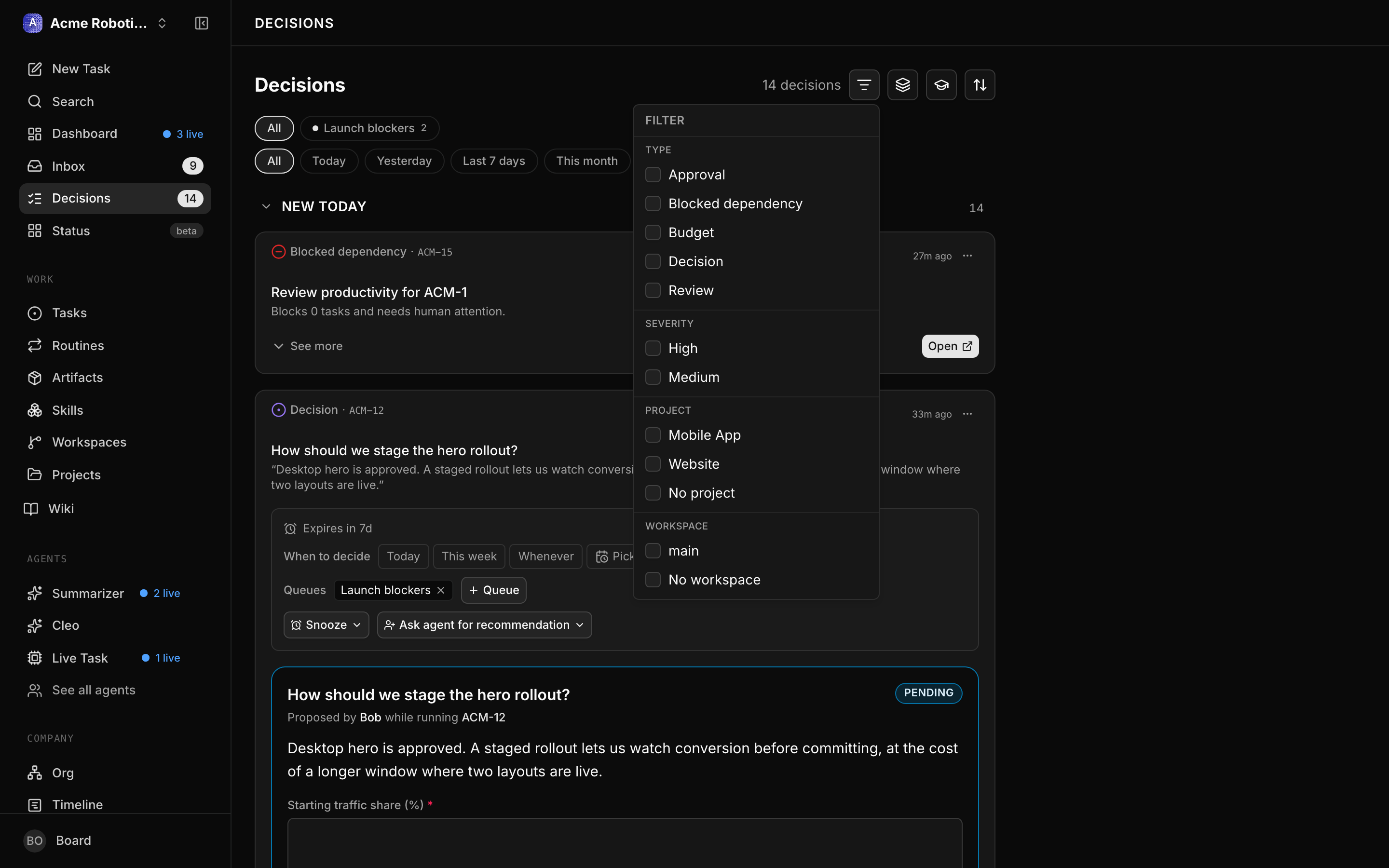 The Decisions toolbar with the filter panel open, showing the Type, Severity, Project, and Workspace sections