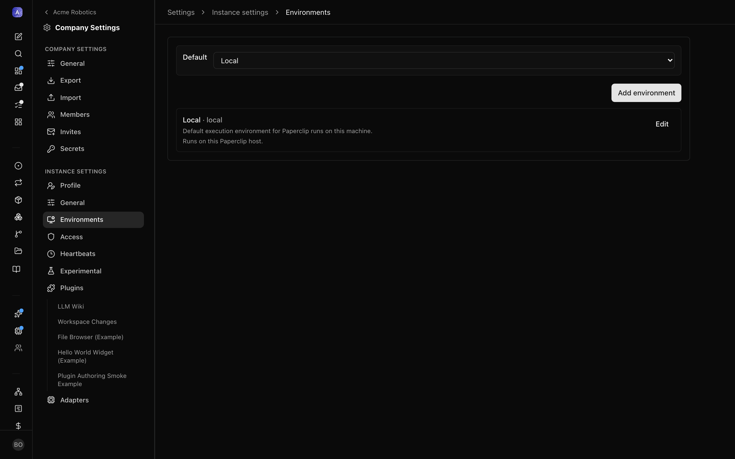 Environment management in instance settings