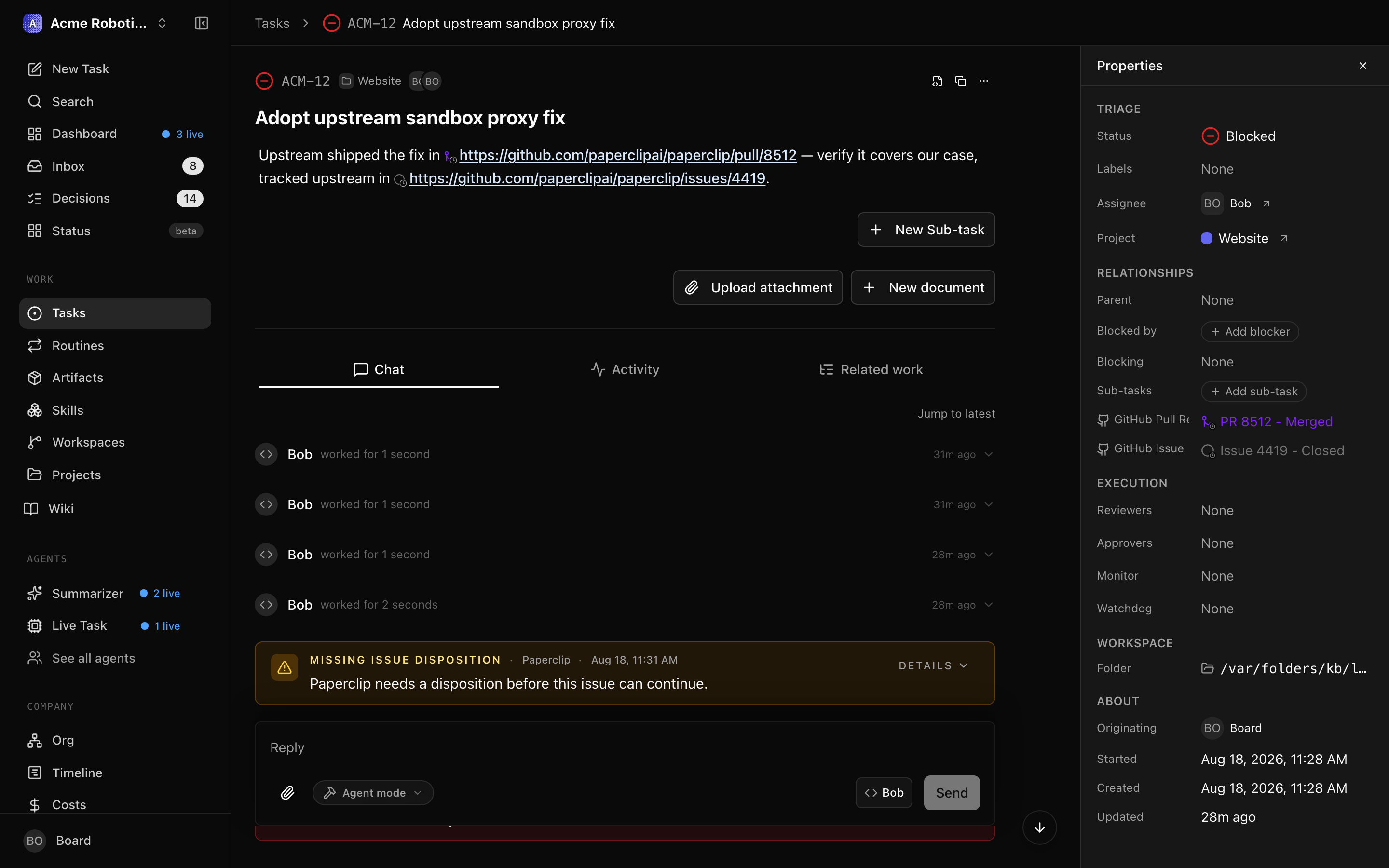 External object status on an issue