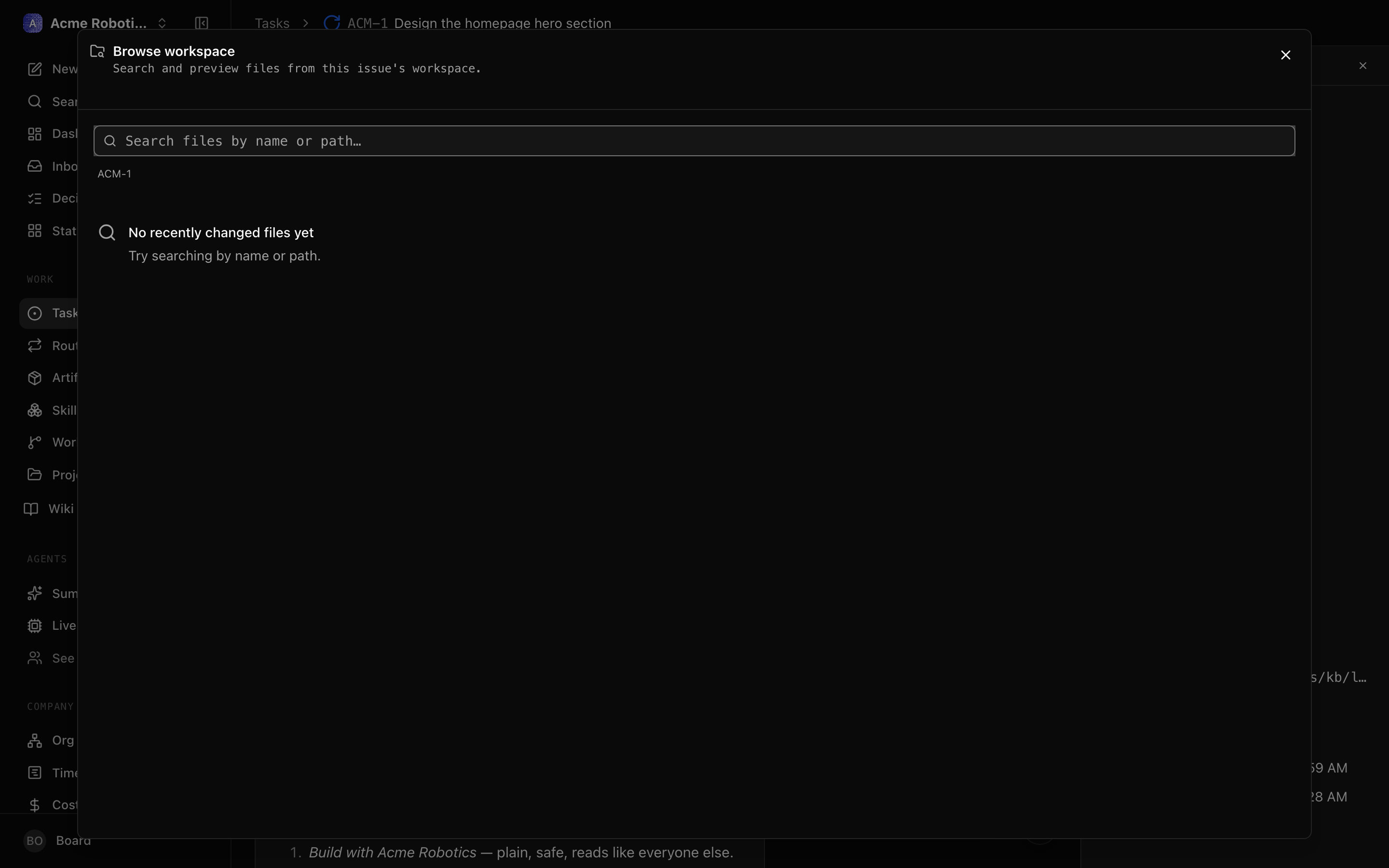 Browsing workspace files from a task