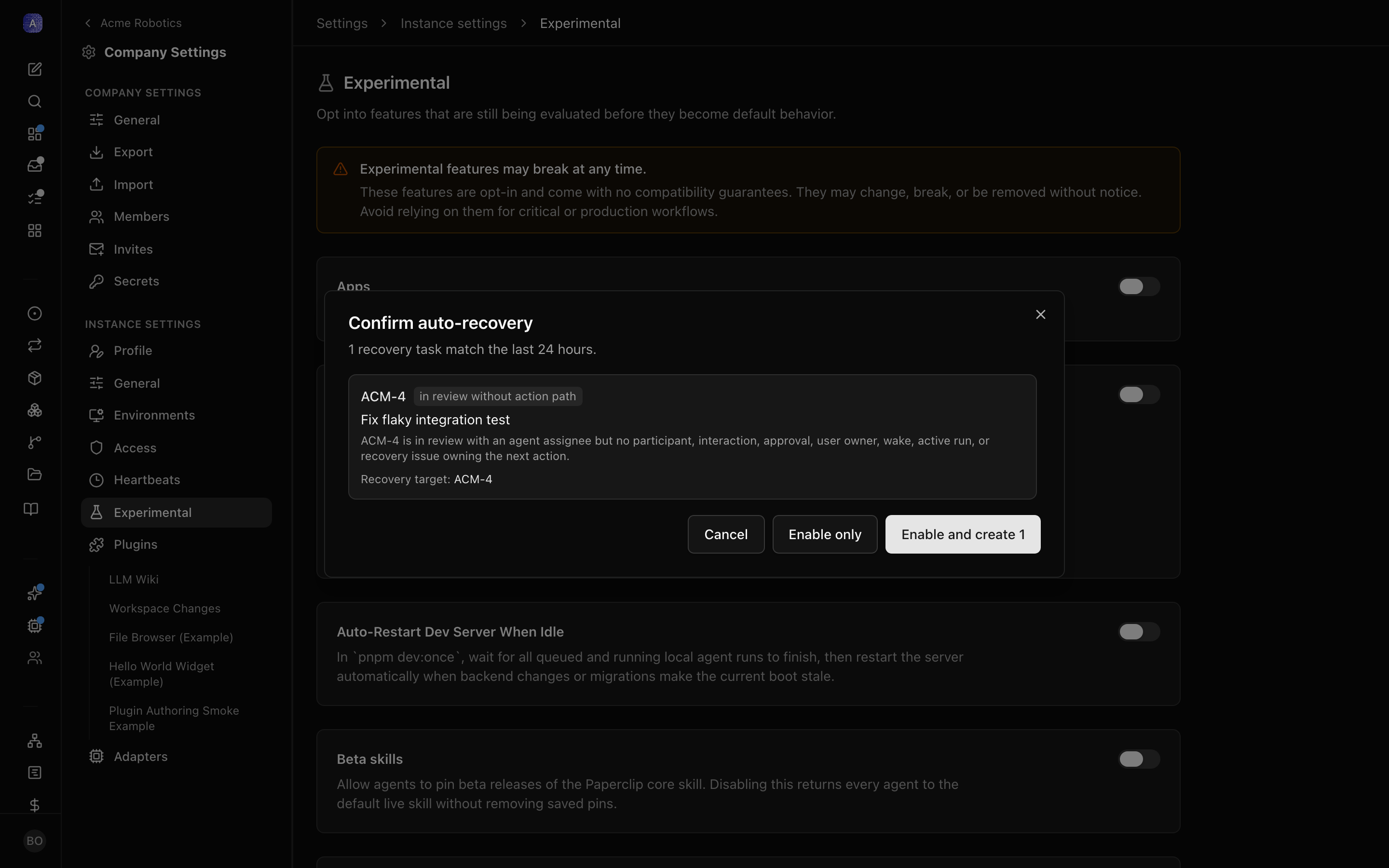 The Auto-Create Recovery Tasks card with its preview dialog