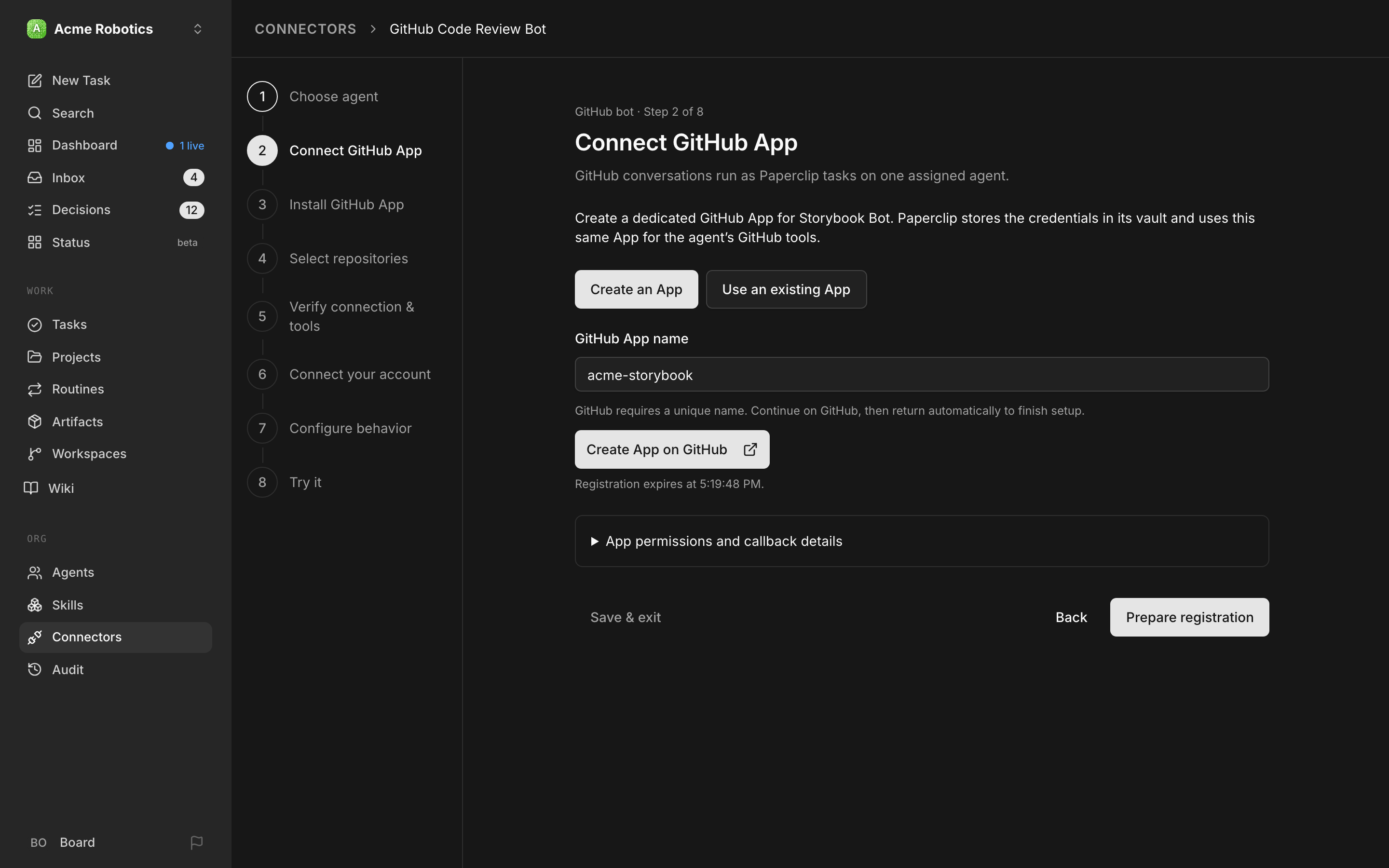 GitHub App registration step with Create App on GitHub and the existing-App alternative