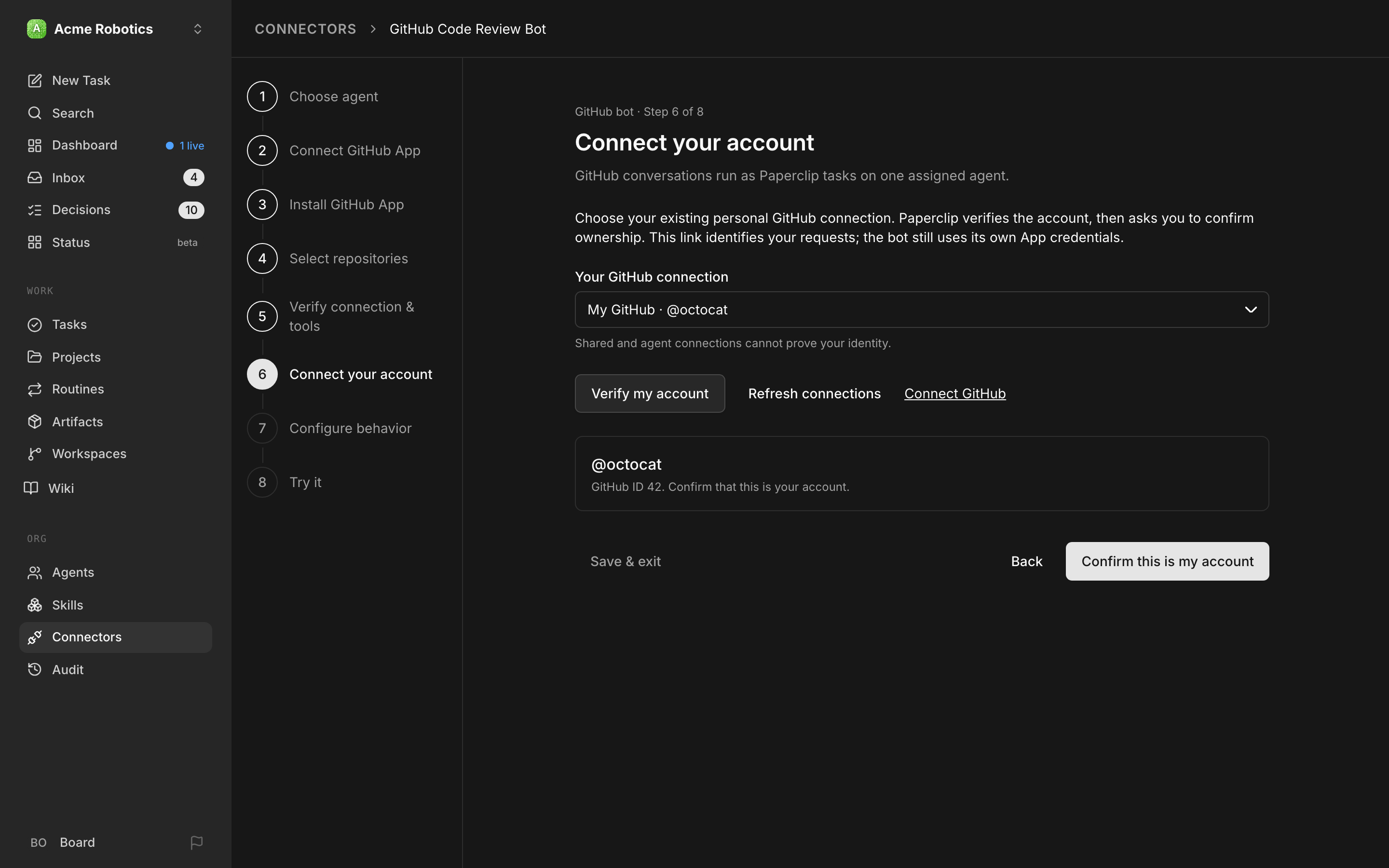 Account linking through an existing personal GitHub connection and explicit ownership confirmation