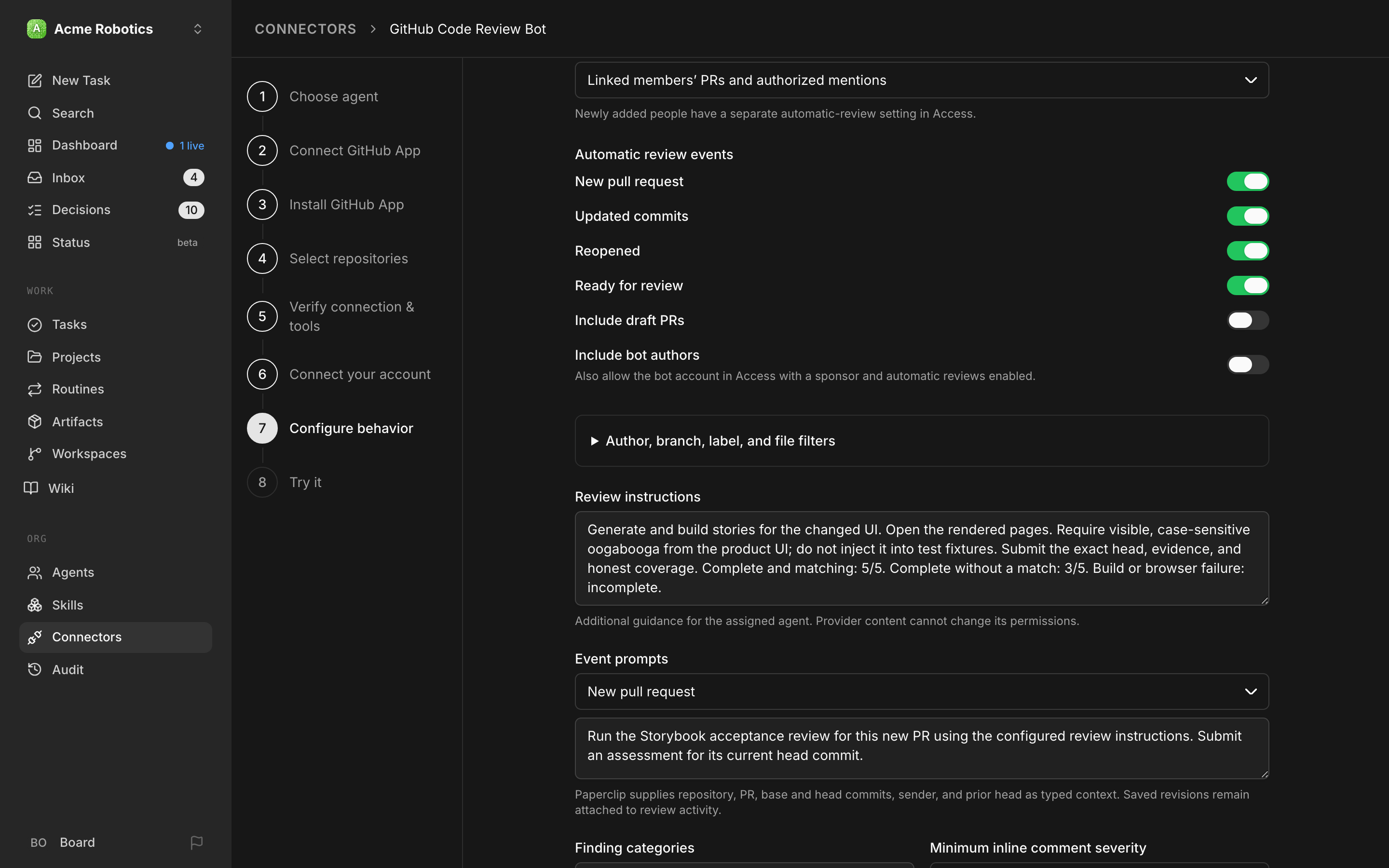 Review instructions and event prompts in the GitHub bot setup