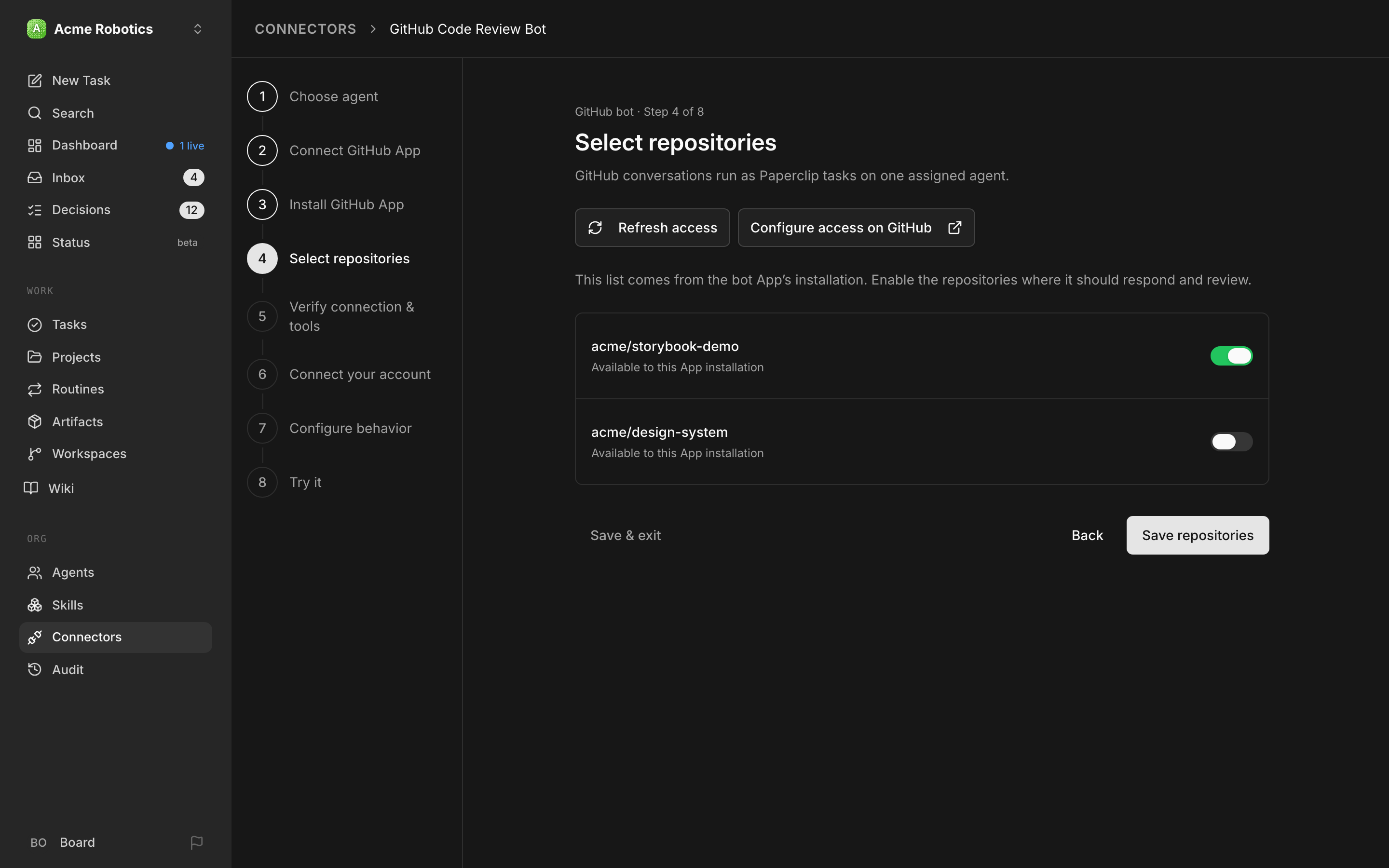 Repository picker with Refresh access, Configure access on GitHub, and a separately enabled repository