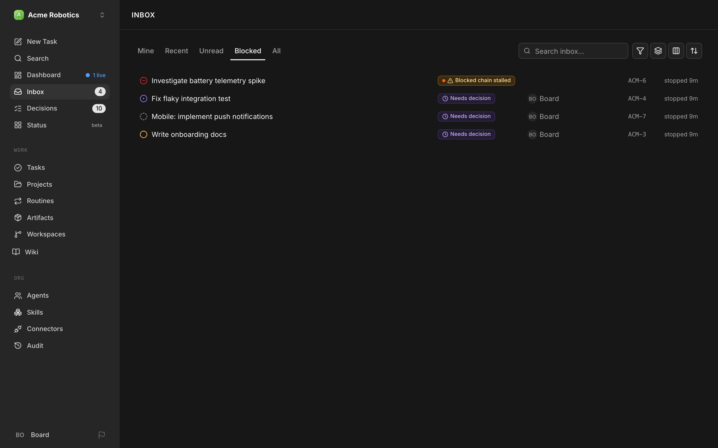 The Inbox Blocked tab listing blocked tasks and why each is waiting