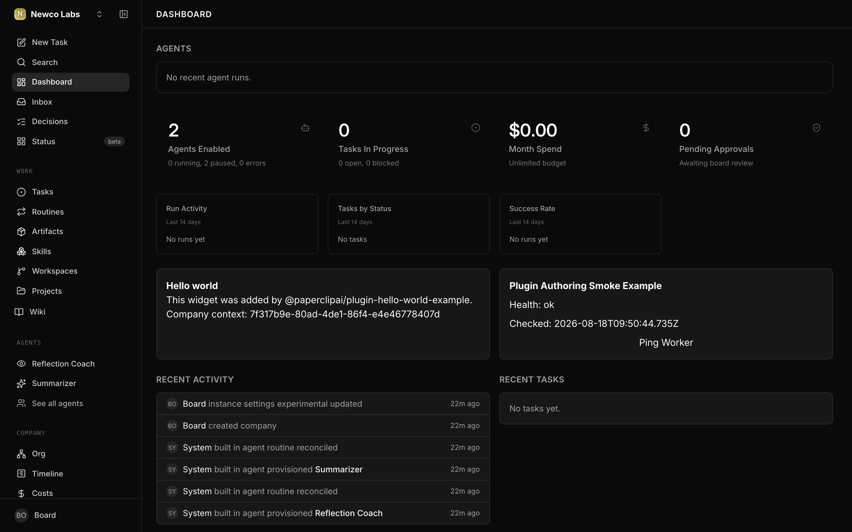 The empty company dashboard after creation, with no agents or tasks yet