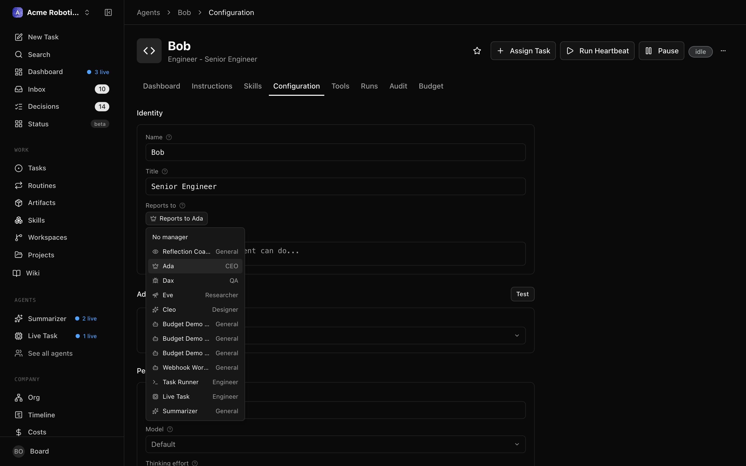 Agent configuration with the Reports to dropdown expanded, selecting a new manager