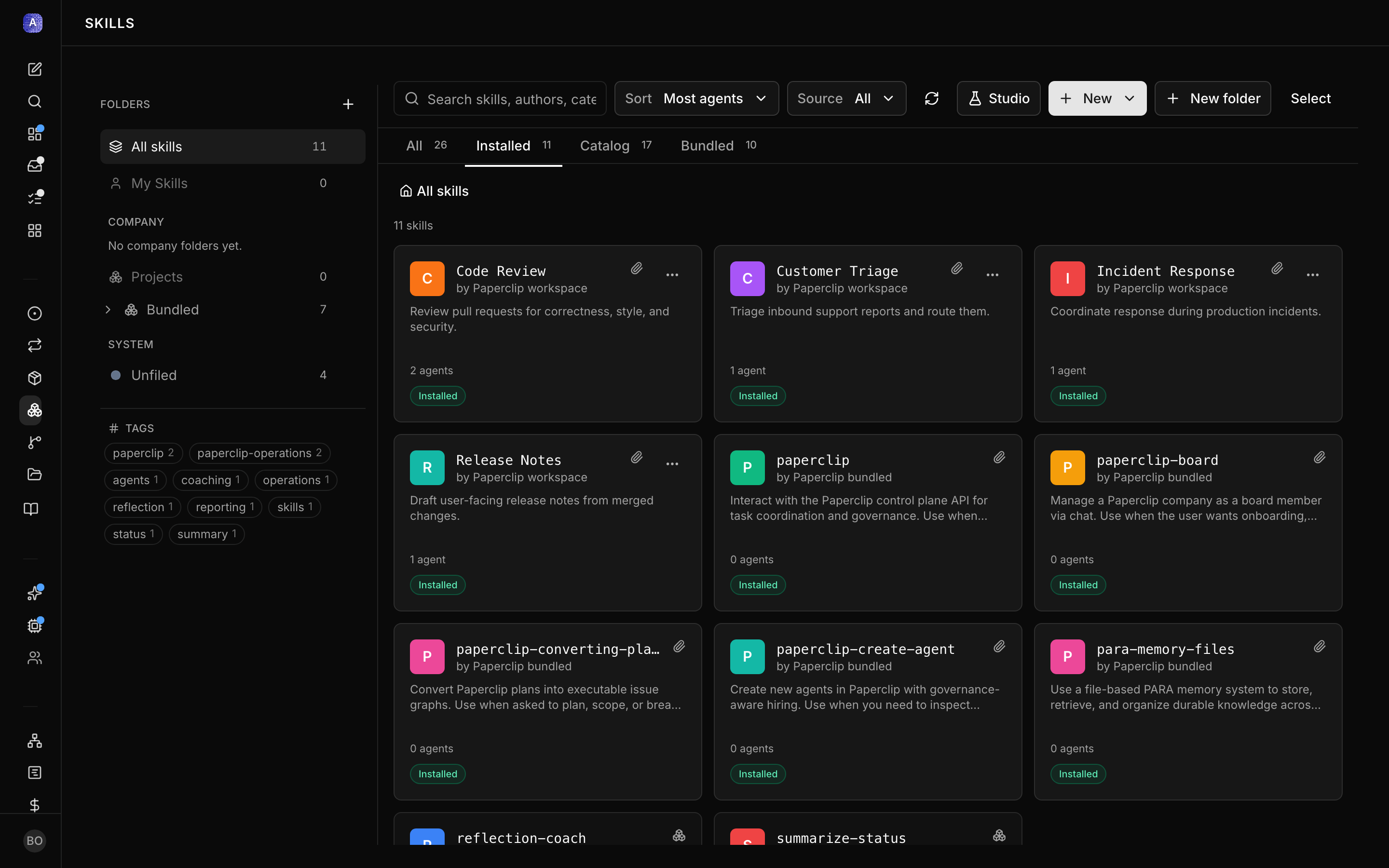 Skills page showing available skills with their names and descriptions