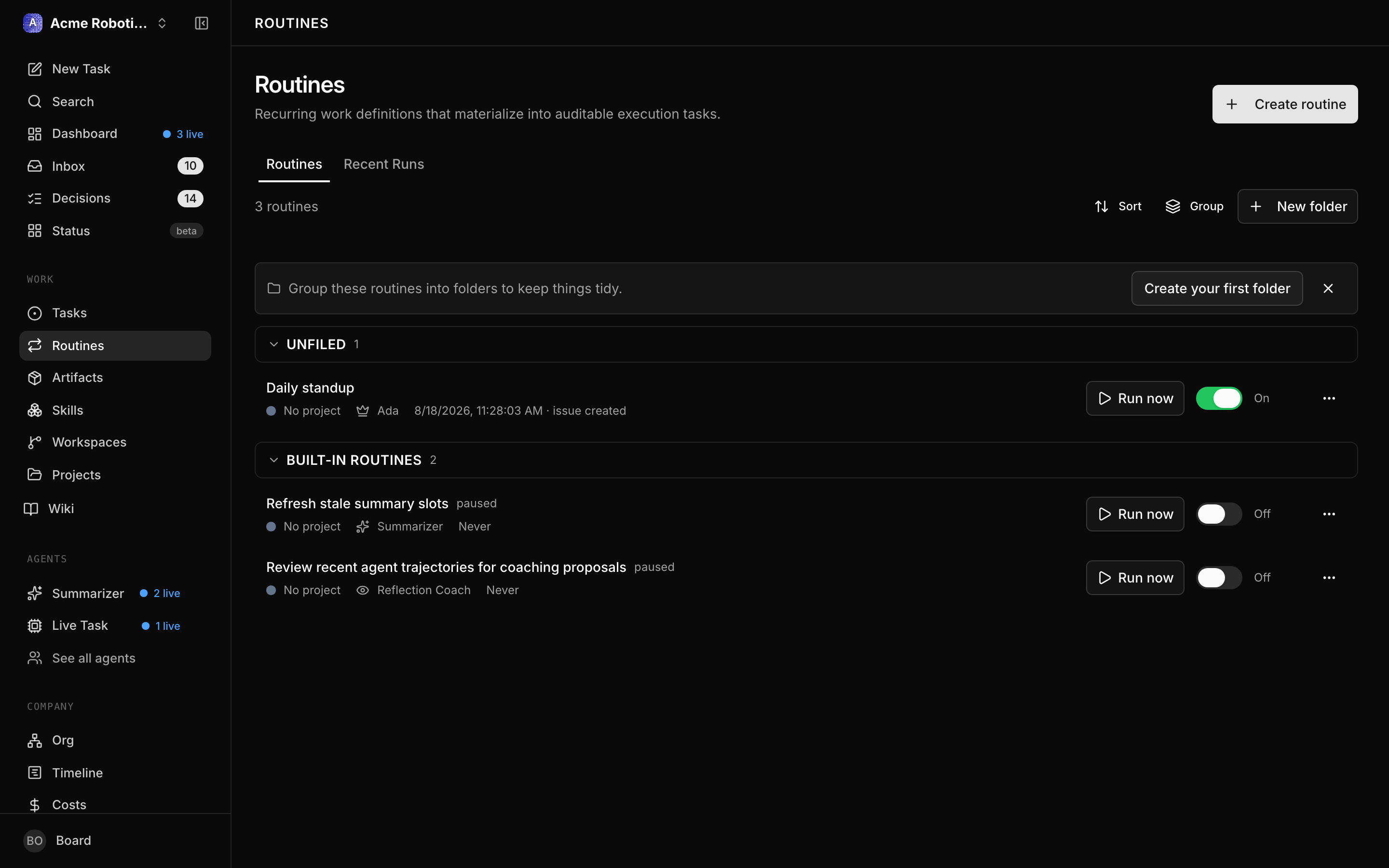 Routines list