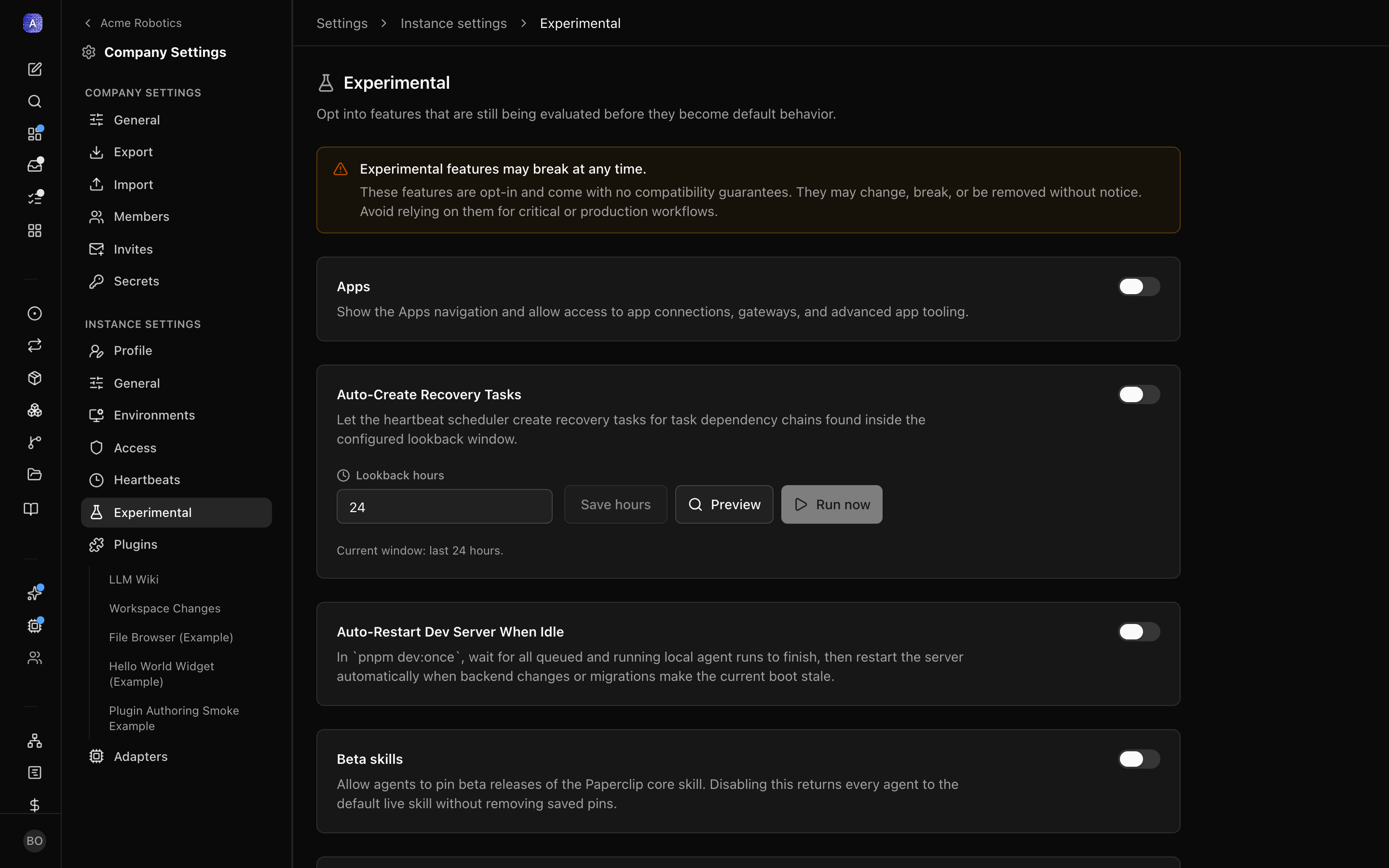 The Experimental settings page