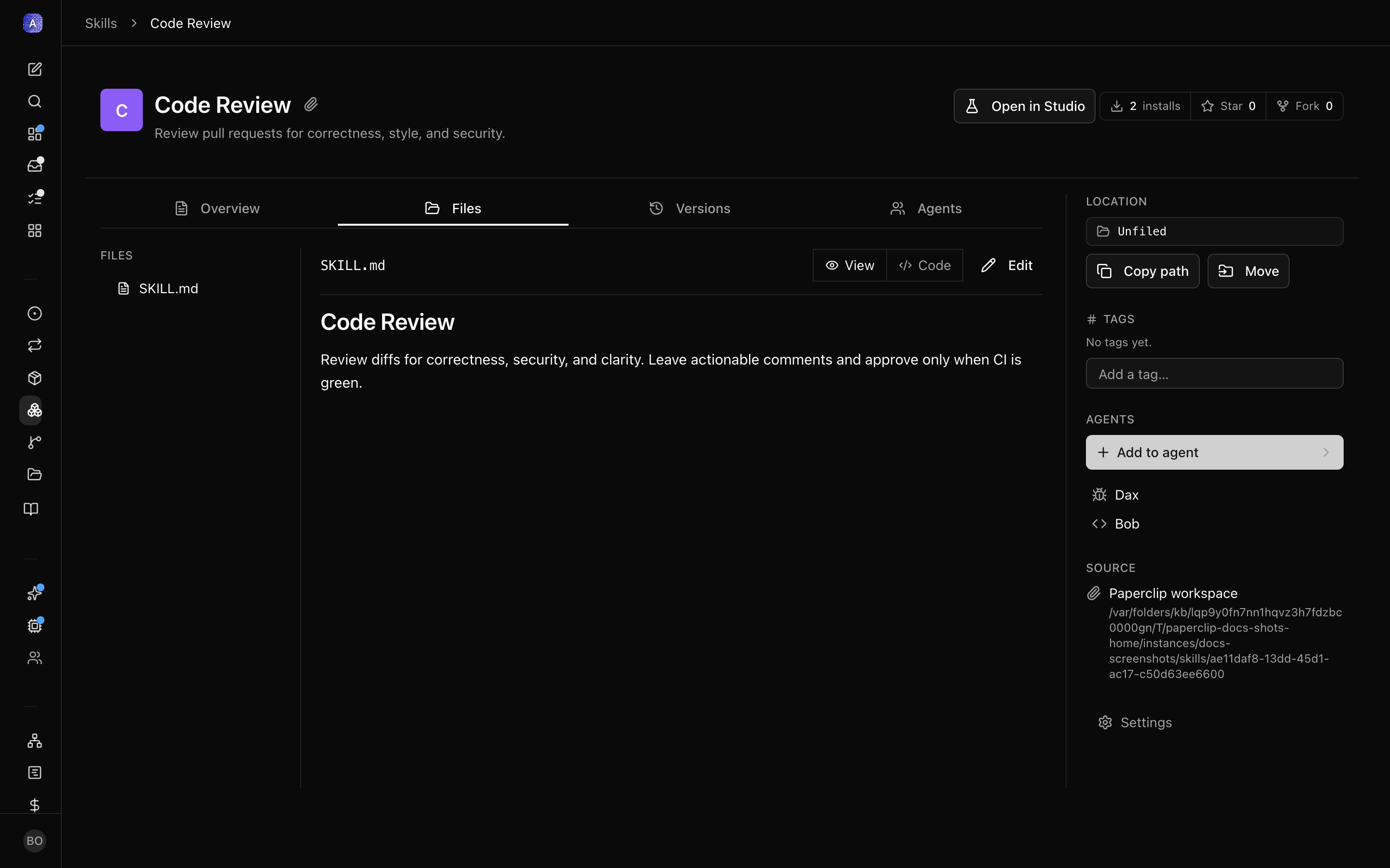 Agent Skills tab with required, optional, and unmanaged sections, plus a link to the company skill library