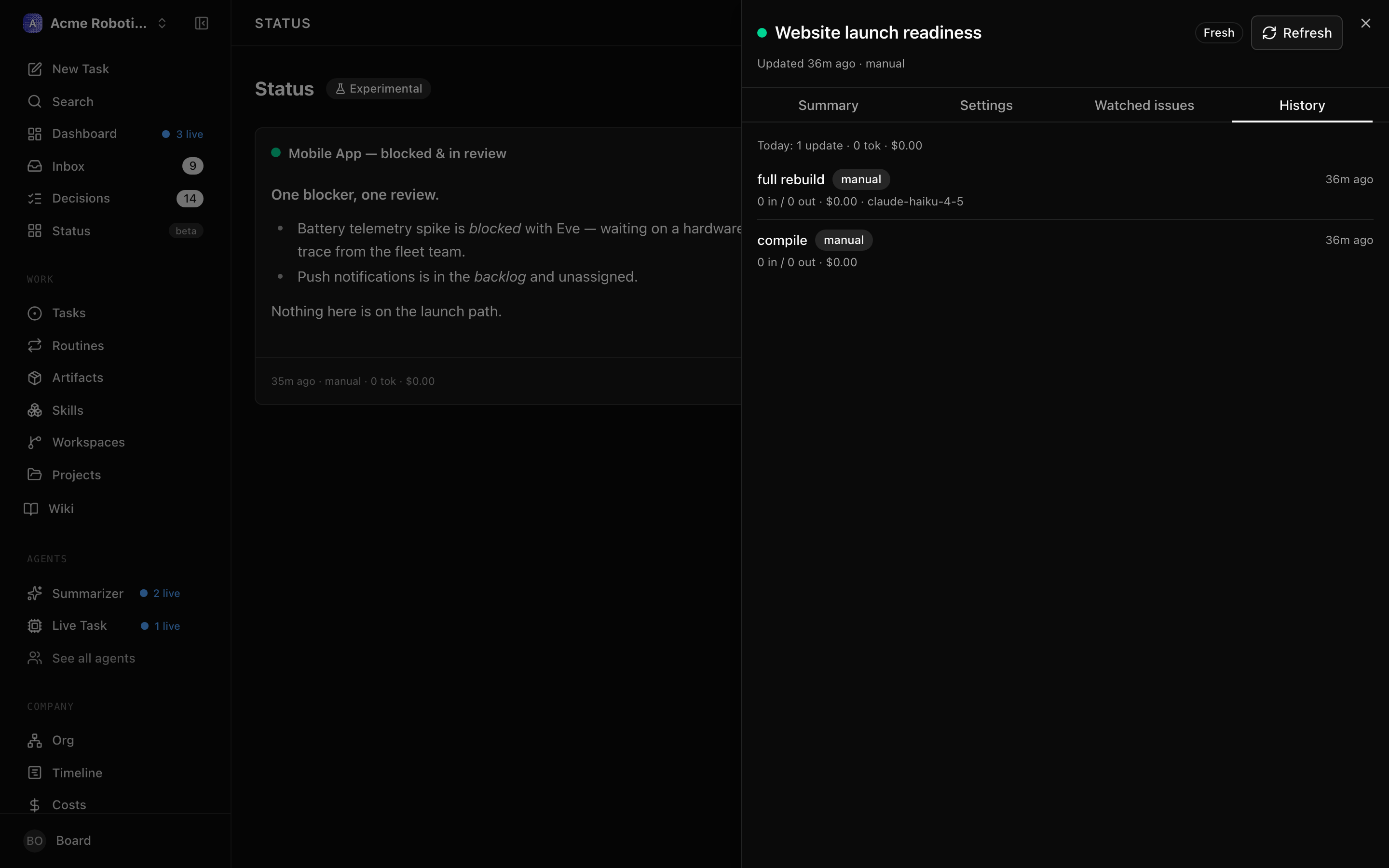 The History tab, one row per update with its trigger, tokens, cost, and model