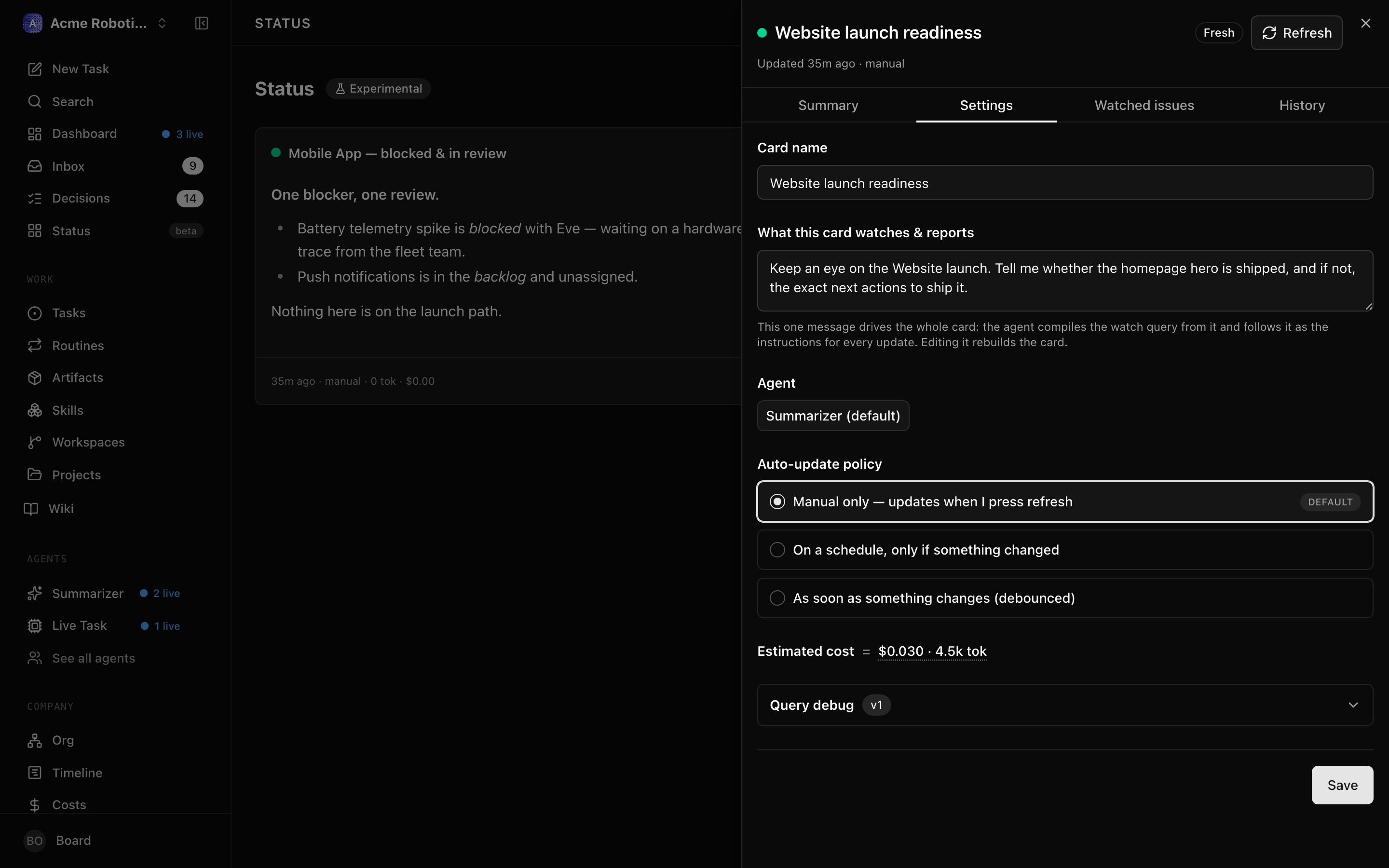 The Settings tab showing the auto-update policy modes and the Advanced section of change triggers