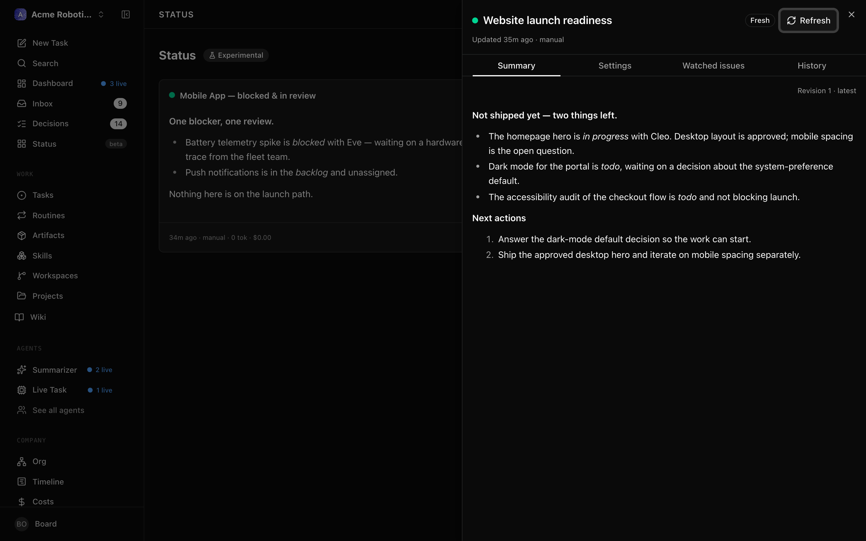 The card detail drawer on the Summary tab, showing the current summary and its revision picker