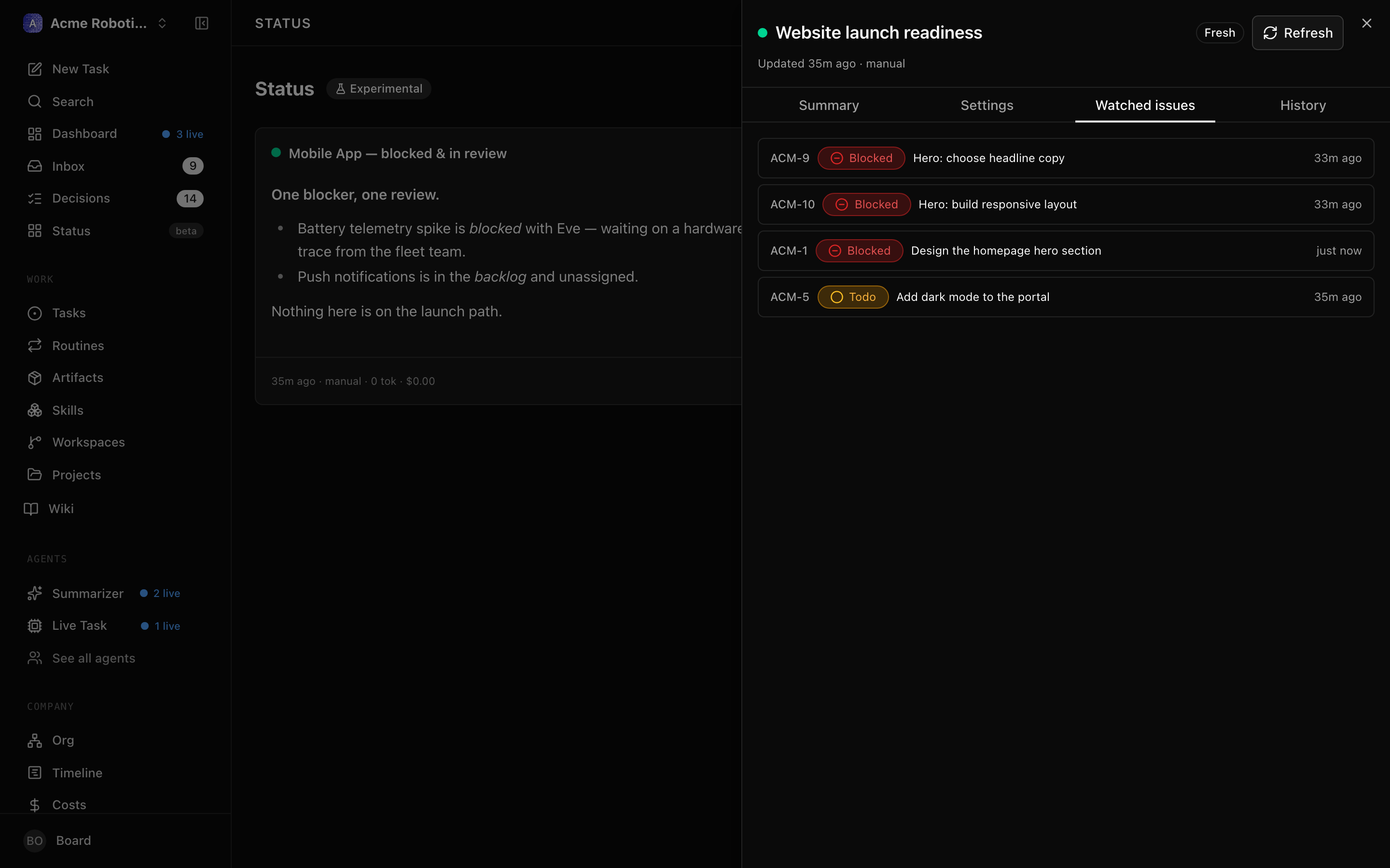 The Watched issues tab listing the issues the compiled query matches right now