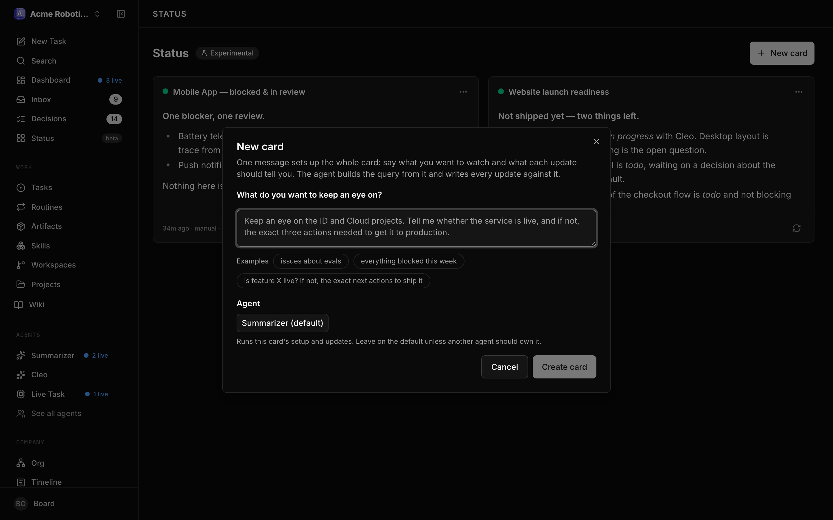 The New card dialog: a single What do you want to keep an eye on? field with worked examples beneath it, and an Agent picker
