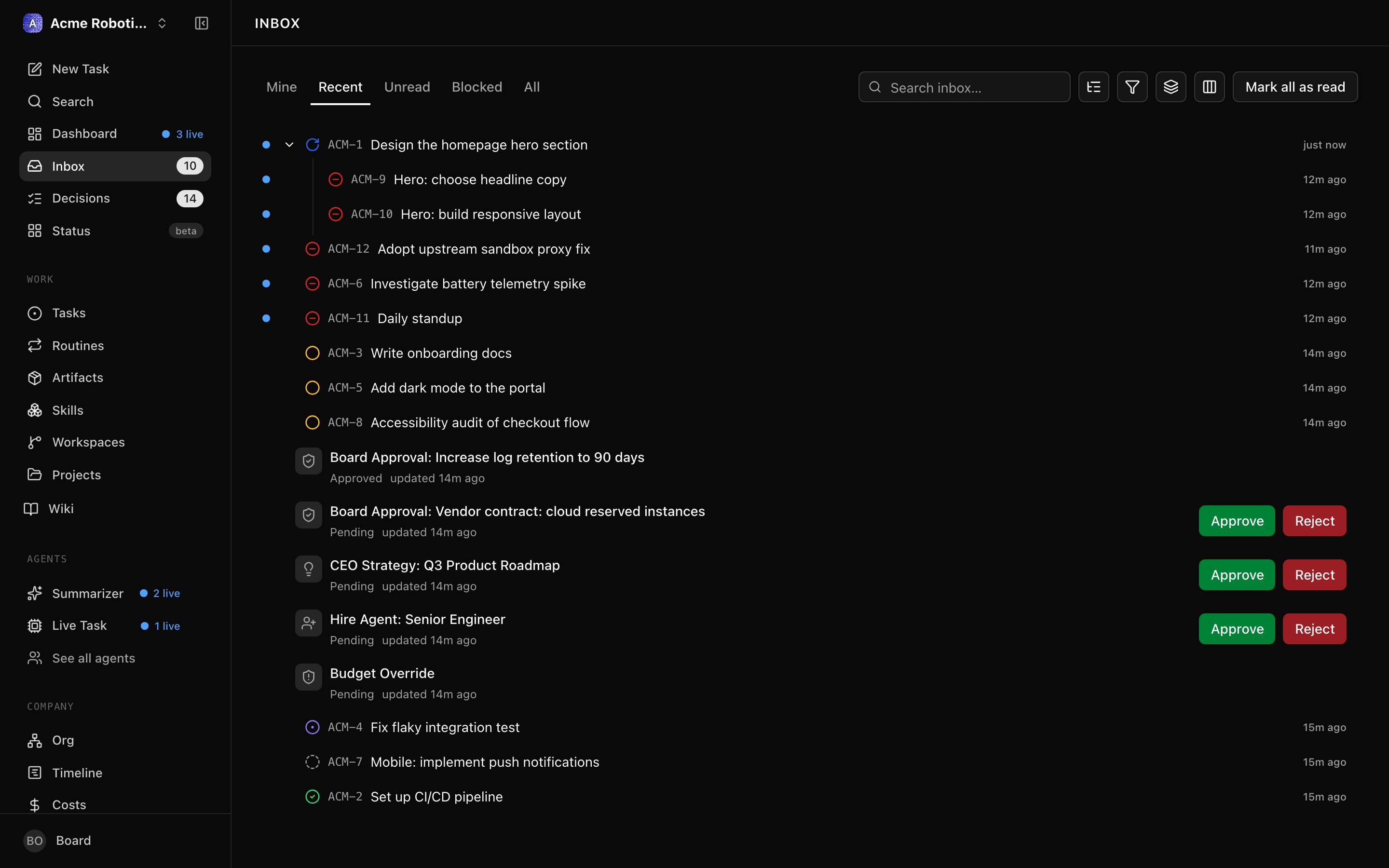 The task inbox showing newly created tasks from the CEO's first planning heartbeat