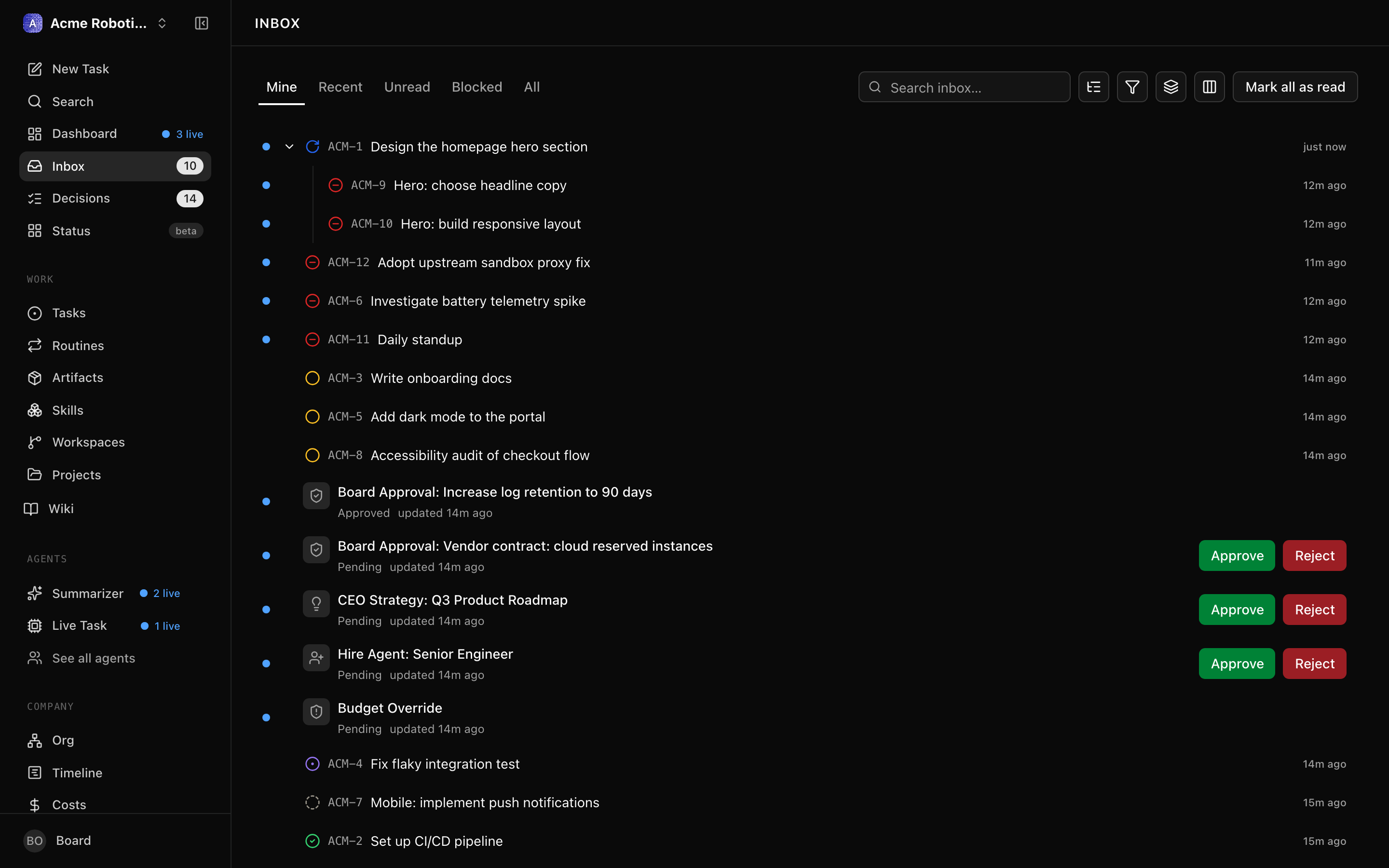The task inbox showing tasks in various statuses