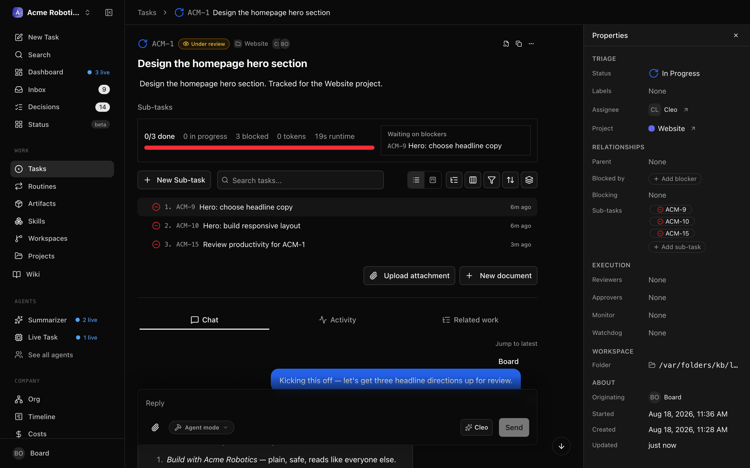 A plan-mode task showing the plan document the agent produced for review instead of executed work.