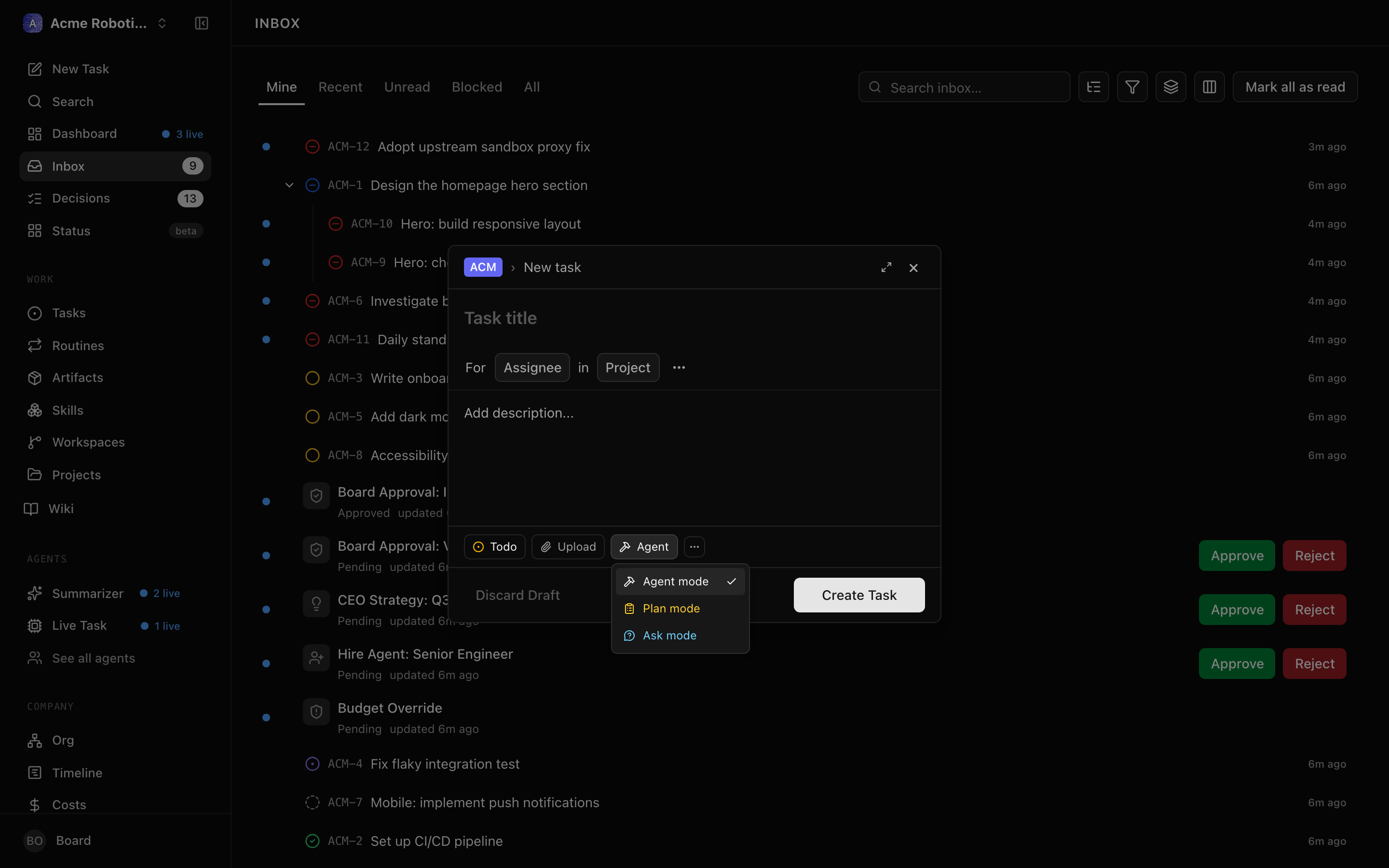The work-mode selector on the new-task form, offering Agent mode, Plan mode, and Ask mode.