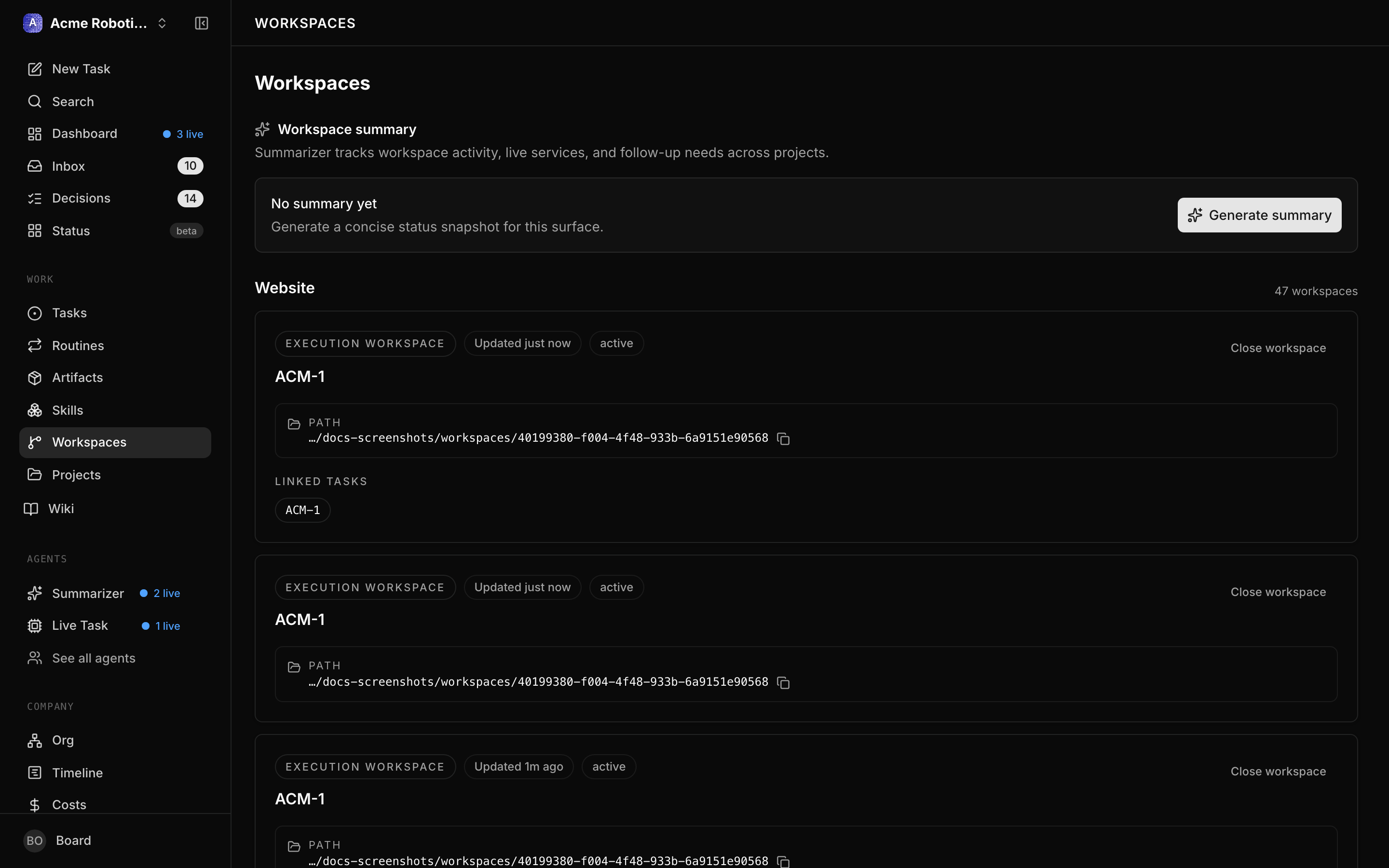 The company-wide Workspaces screen, grouped by project: the Website project's isolated execution workspace (with a running service and a linked task) above its primary "main" workspace