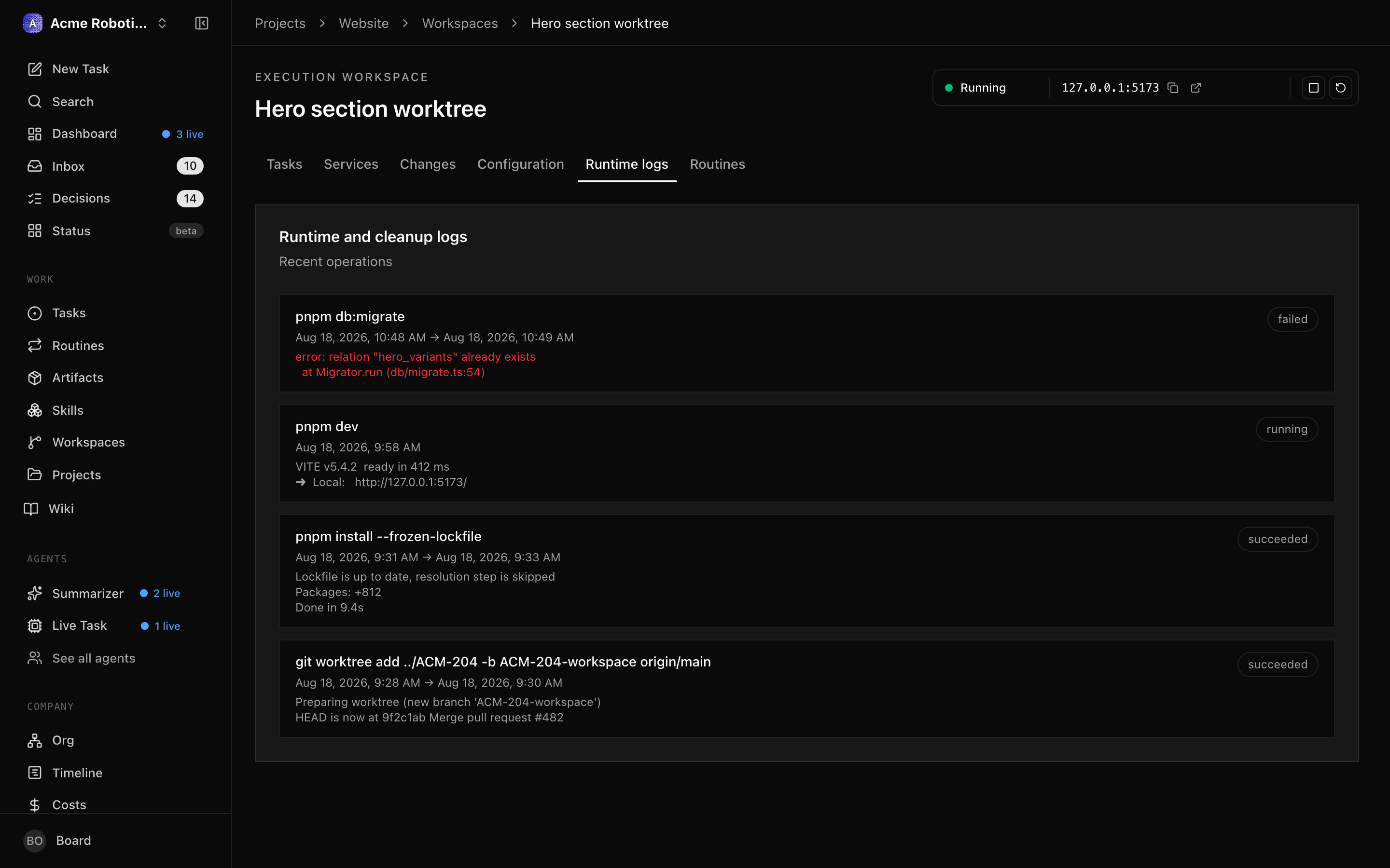 Runtime logs tab